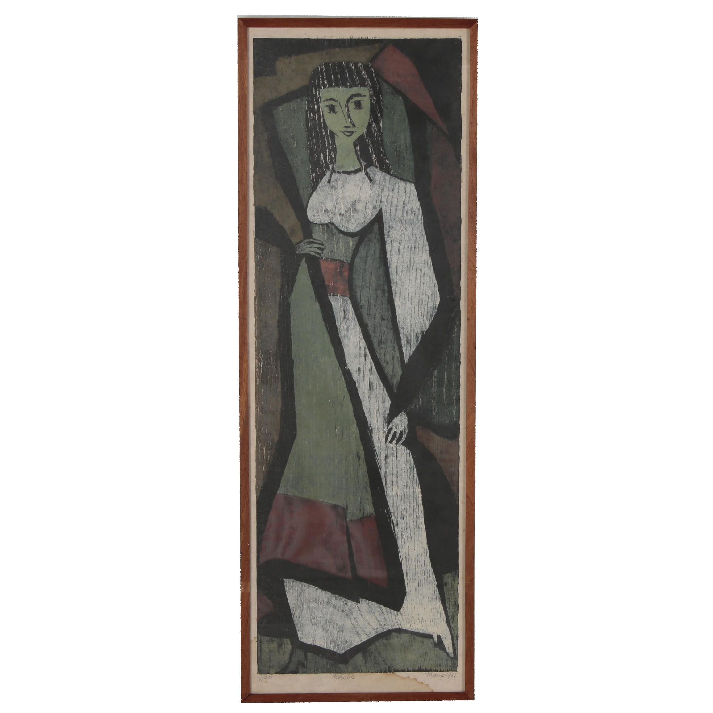 Evelyn Marx Woodcut "Phebe", 1961