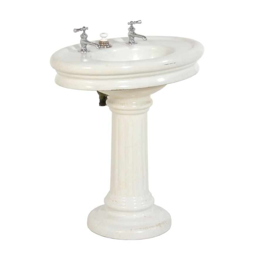 Oval White Enameled Cast Iron Pedestal Sink