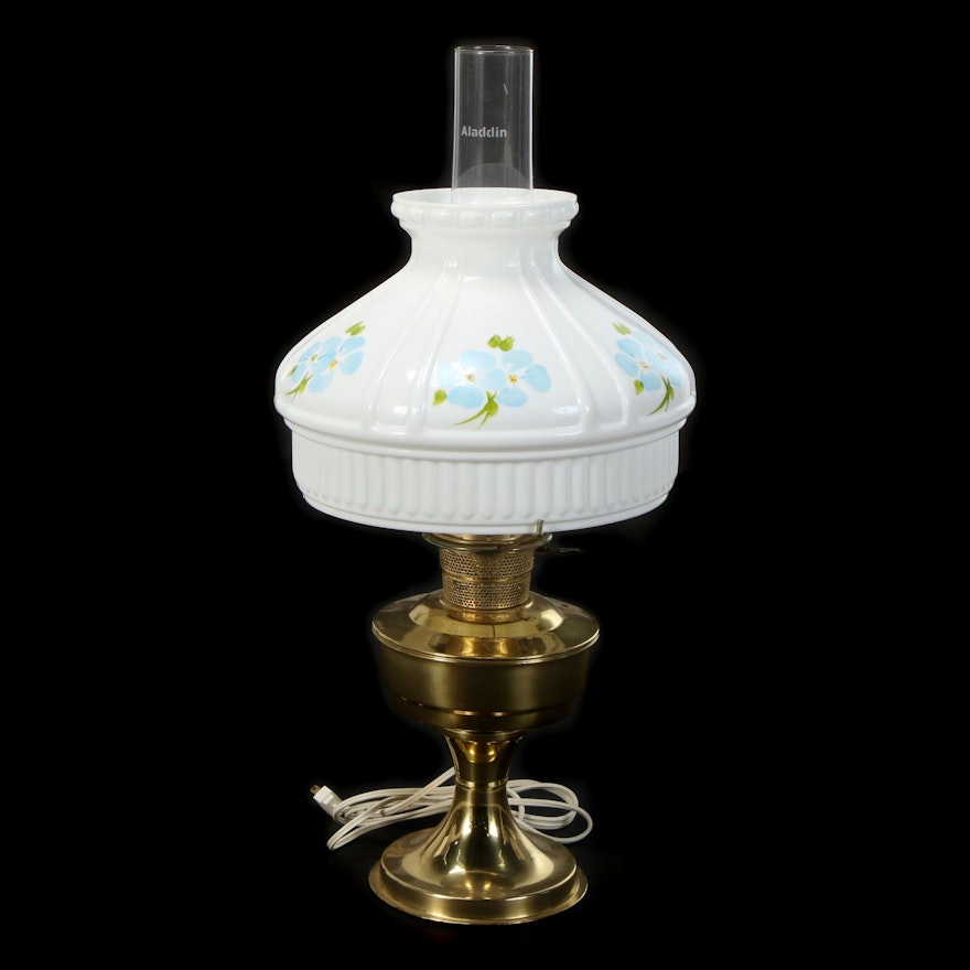 Brass Kerosene Style Lamp with Milk Glass Shade and Aladdin Chimney