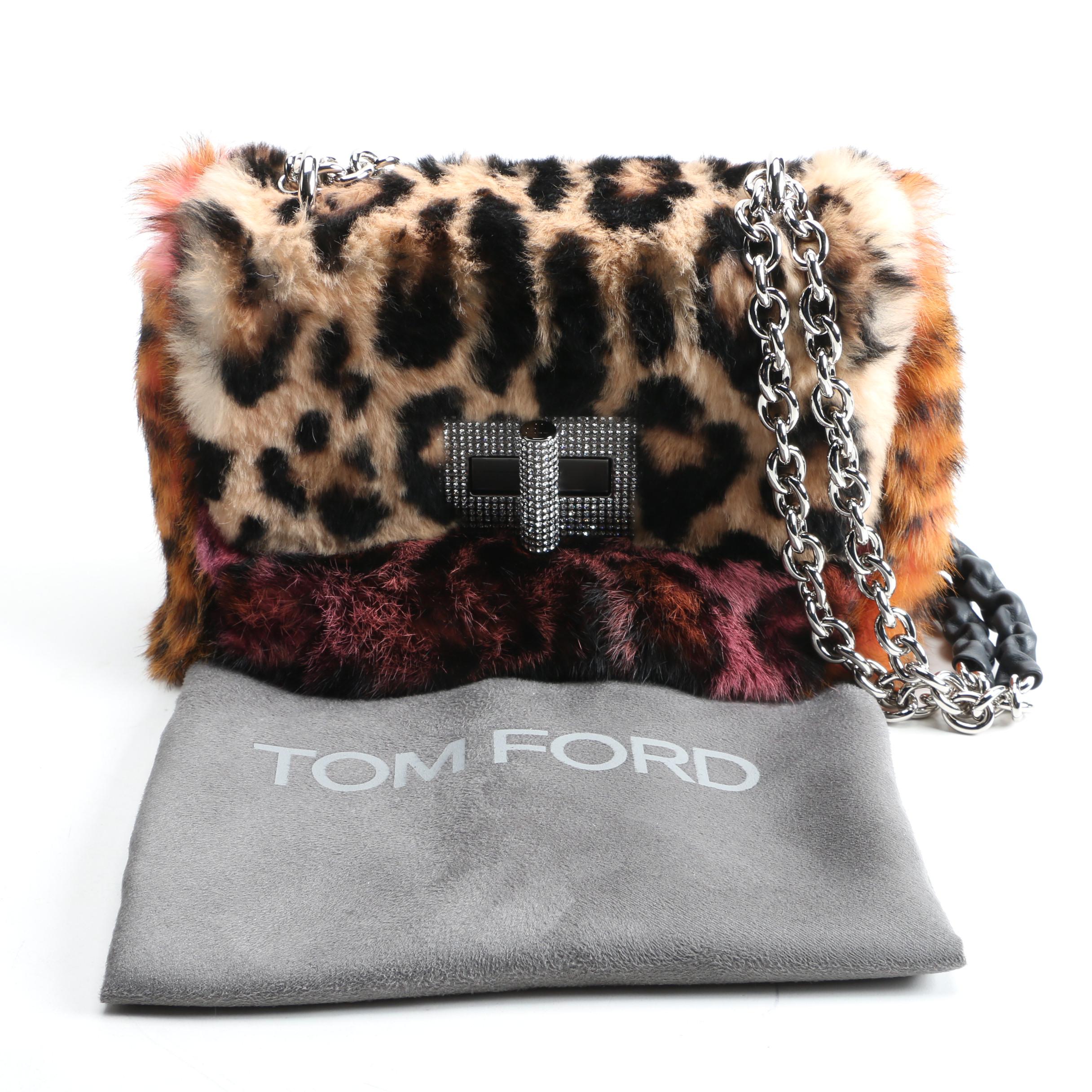 Tom Ford Animal Print Dyed Rabbit Fur Shoulder Bag with Crystal Encrusted Clasp