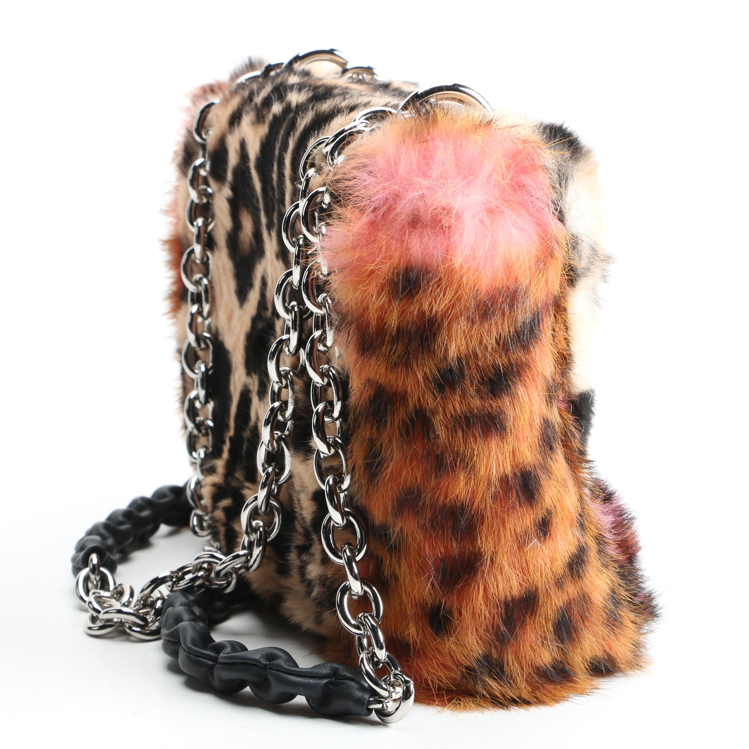 Tom Ford Animal Print Dyed Rabbit Fur Shoulder Bag with Crystal Encrusted Clasp