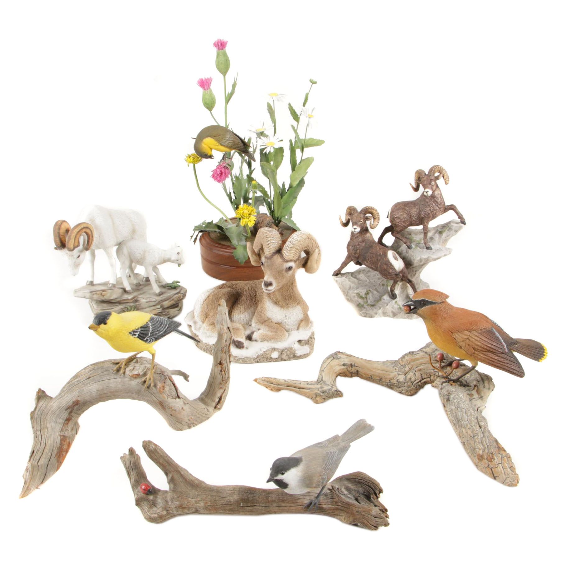 Lenox Fine Porcelain "Bighorn Sheep" with Jack Bayman Wooden Bird Figurines