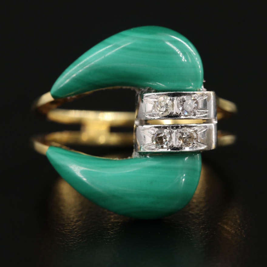 Vintage 14K Yellow Gold Malachite and Diamond Ring