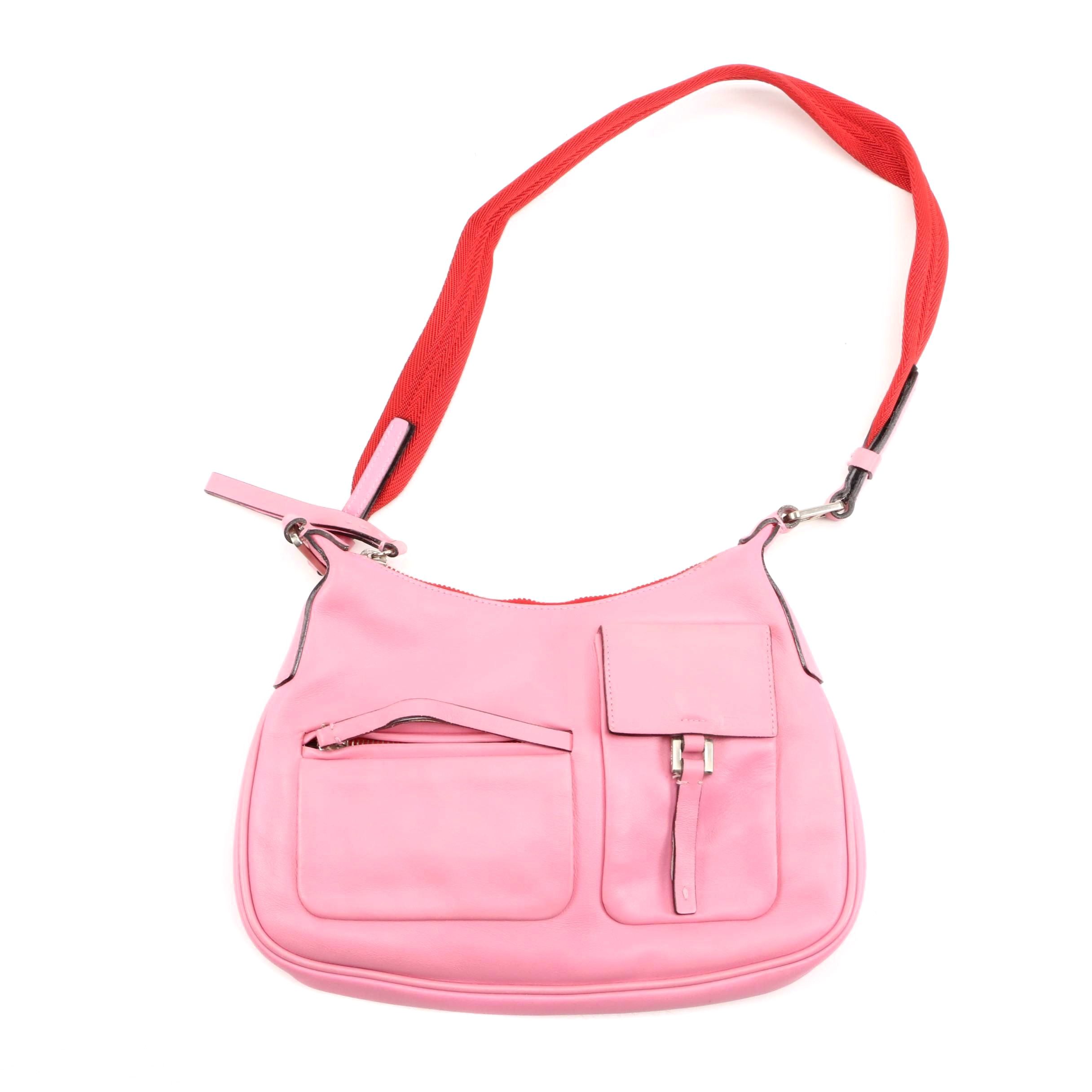 Prada Lambskin Leather Shoulder Bag in Begonia with Red Canvas Strap