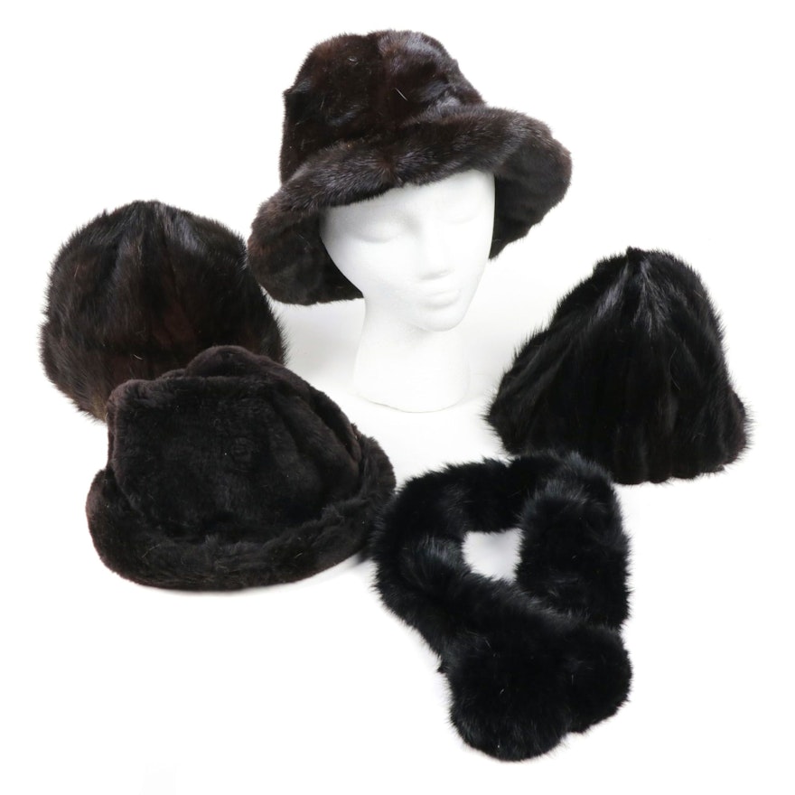 Mink and Sheared Beaver Fur Hats with Dyed Rabbit Fur Scarf