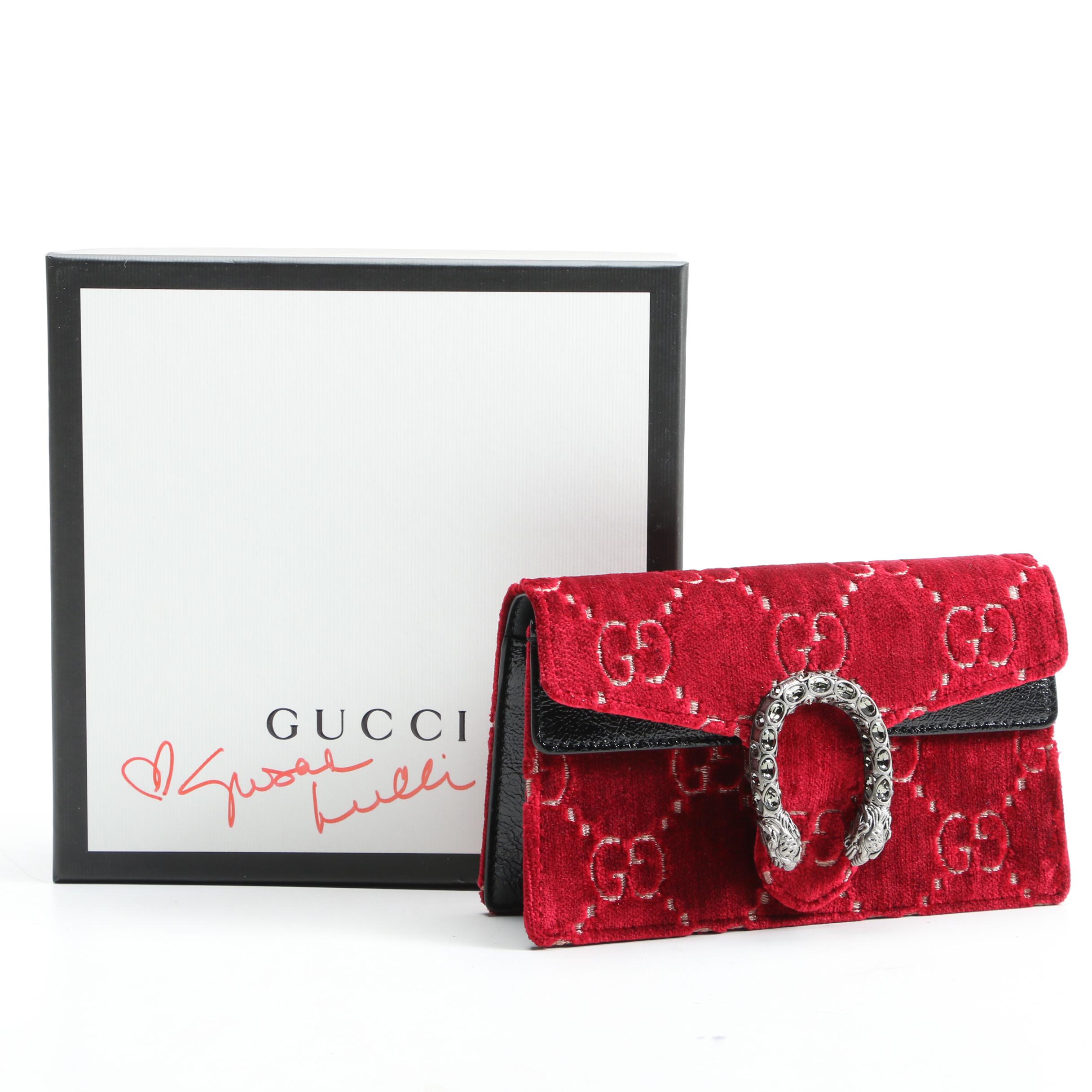 Gucci Red Dionysus GG Velvet Super Mini Bag with Susan Lucci Signed Box