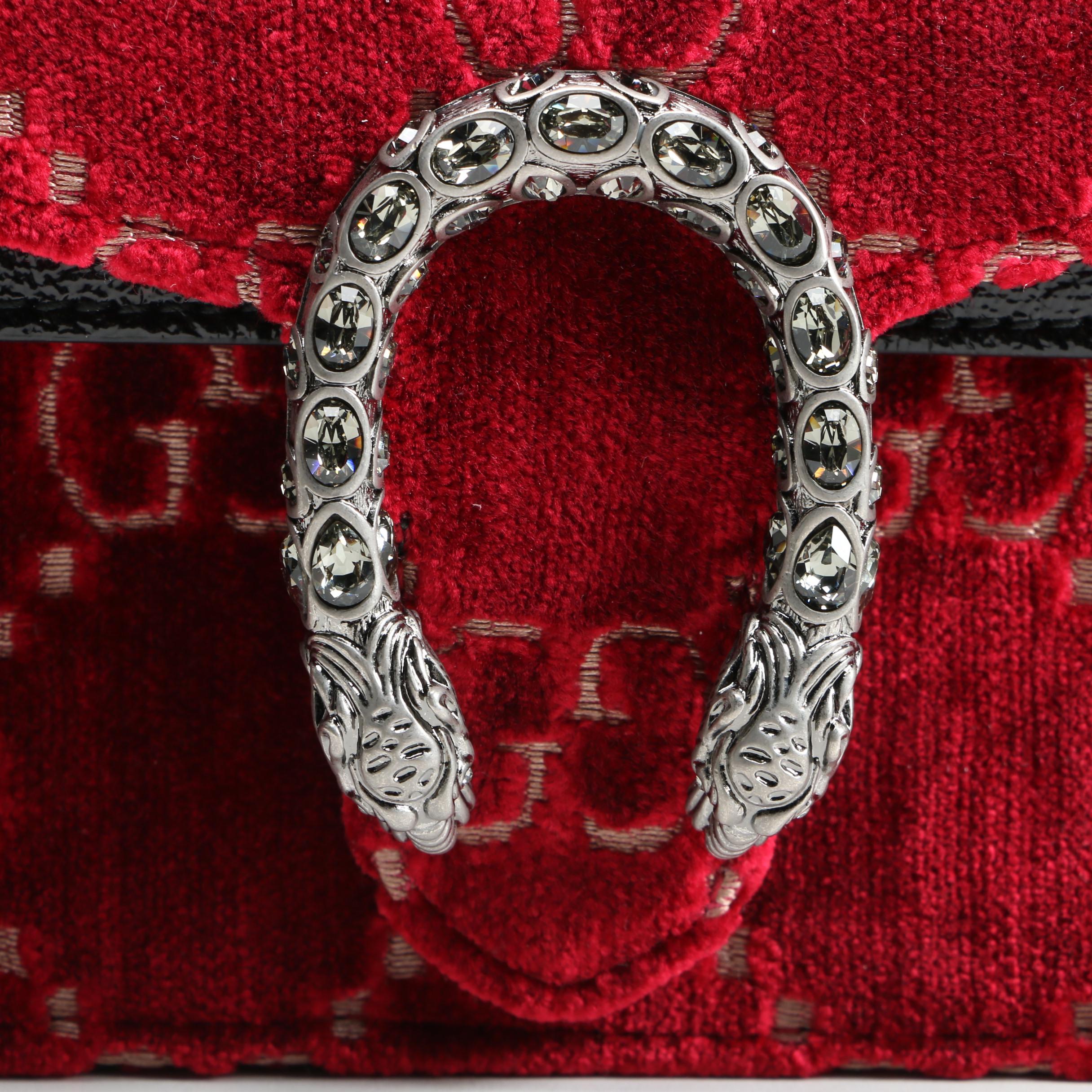 Gucci Red Dionysus GG Velvet Super Mini Bag with Susan Lucci Signed Box