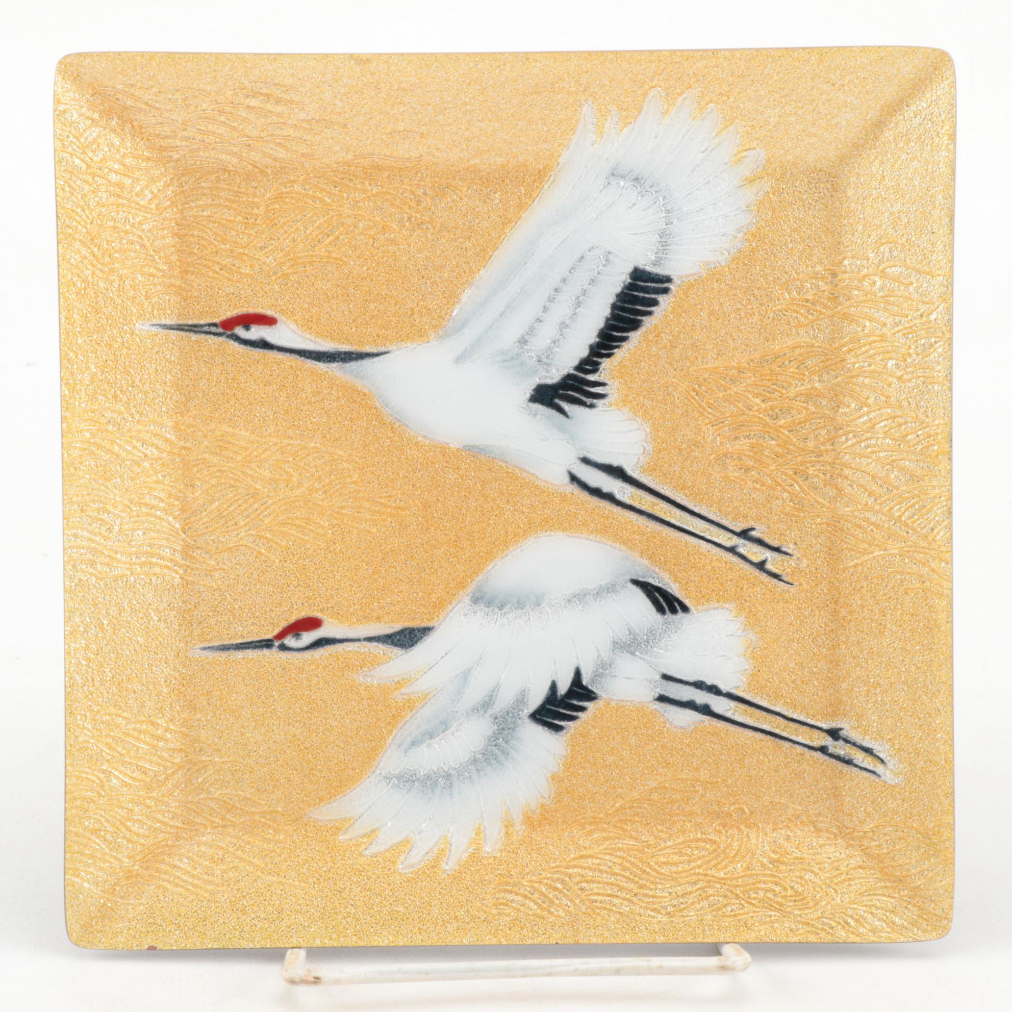 Chinese Double Happiness Porcelain Shard Box and Japanese Enameled Metal Plate