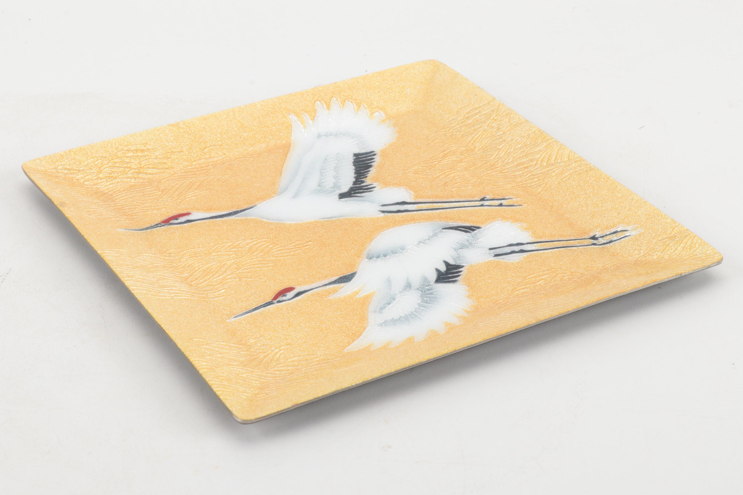 Chinese Double Happiness Porcelain Shard Box and Japanese Enameled Metal Plate