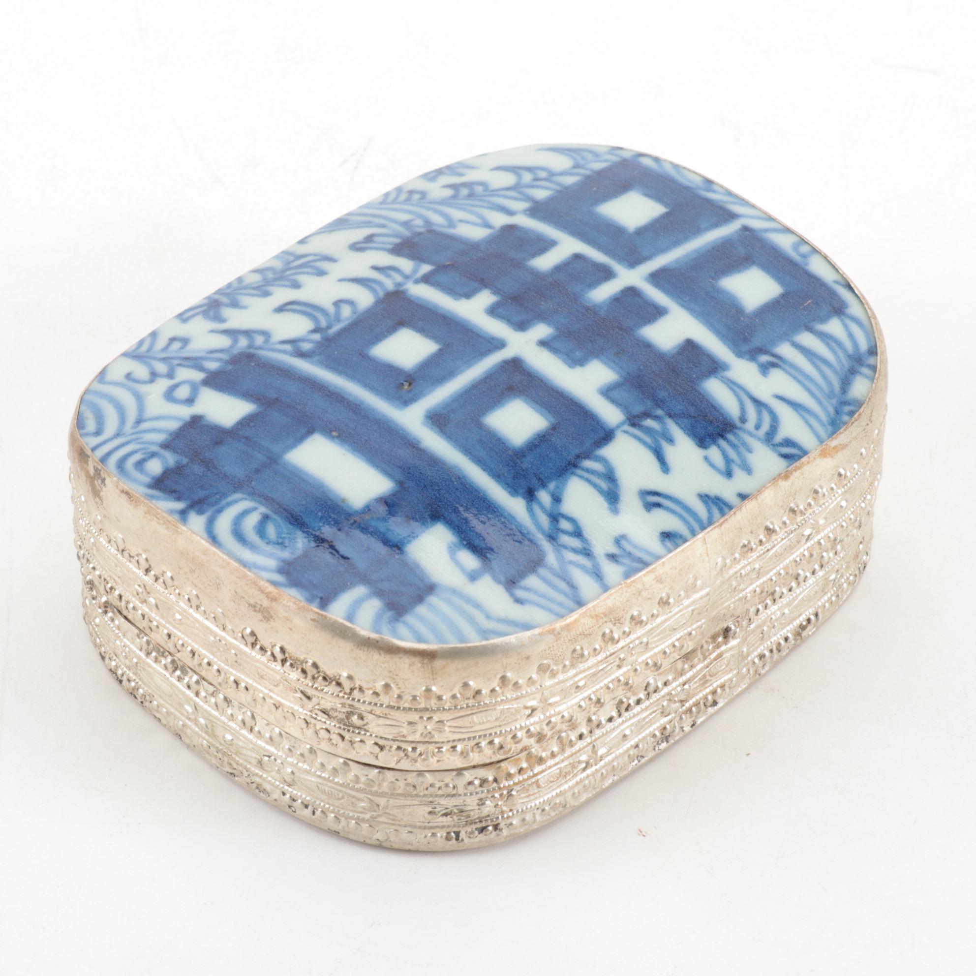 Chinese Double Happiness Porcelain Shard Box and Japanese Enameled Metal Plate