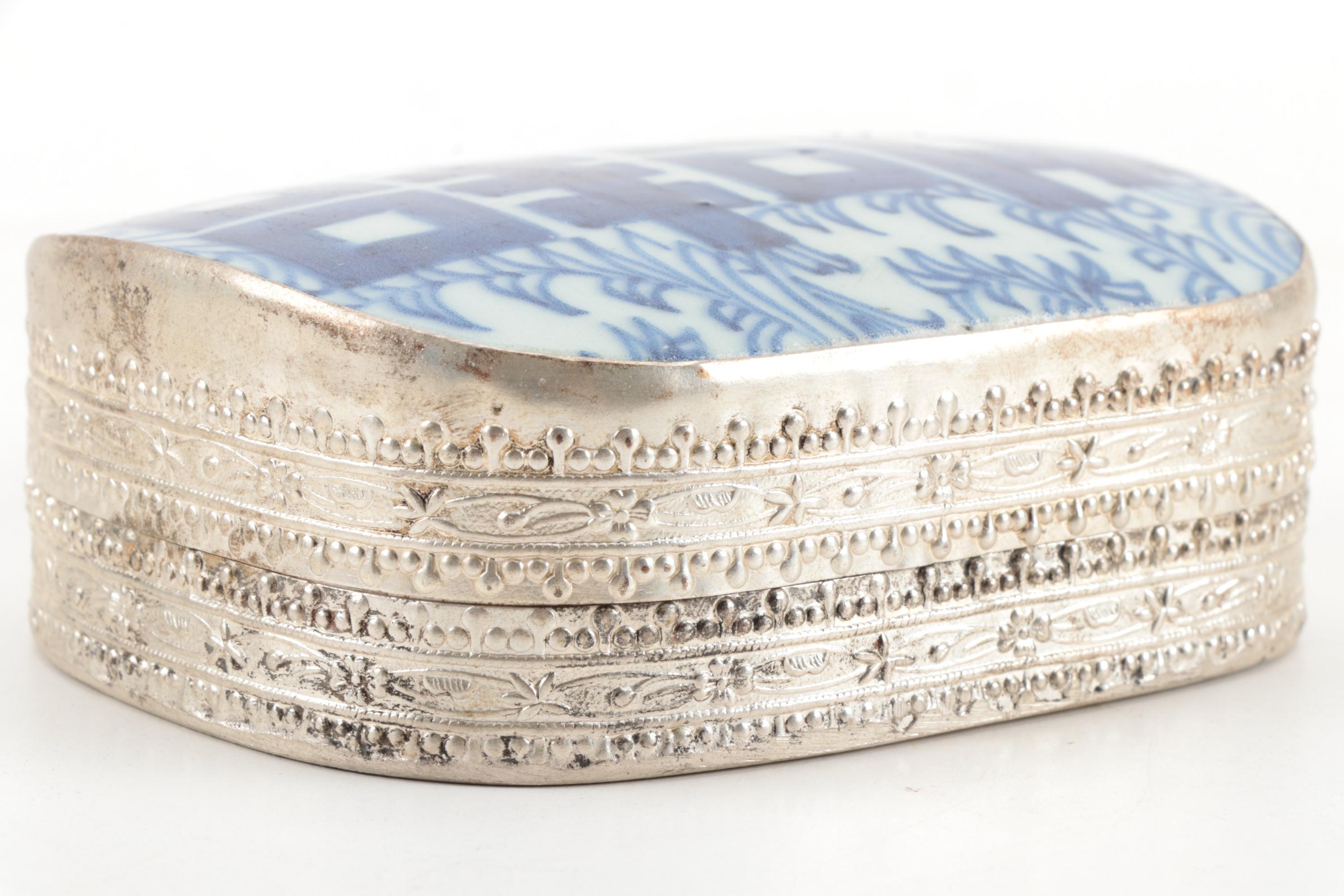 Chinese Double Happiness Porcelain Shard Box and Japanese Enameled Metal Plate
