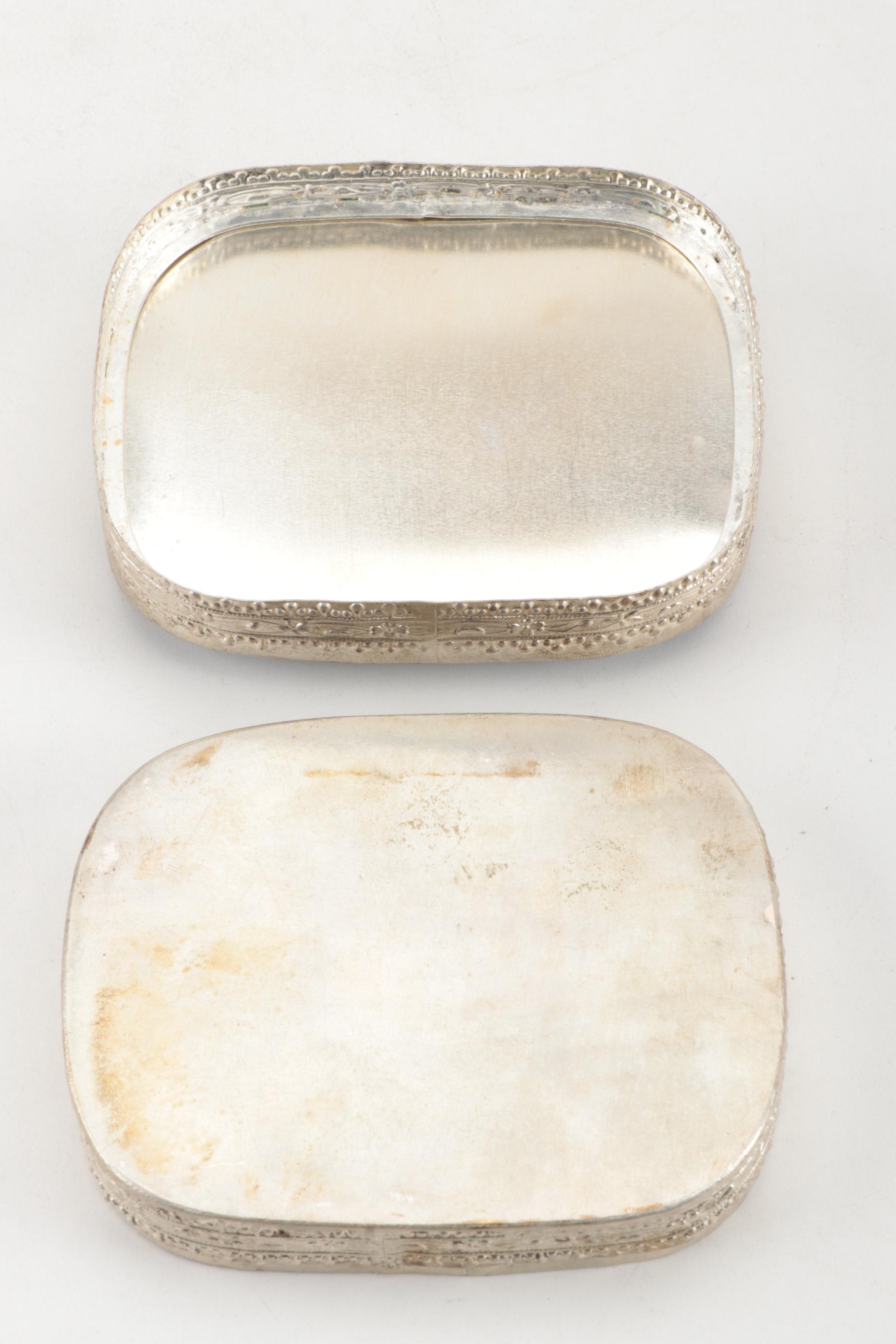 Chinese Double Happiness Porcelain Shard Box and Japanese Enameled Metal Plate