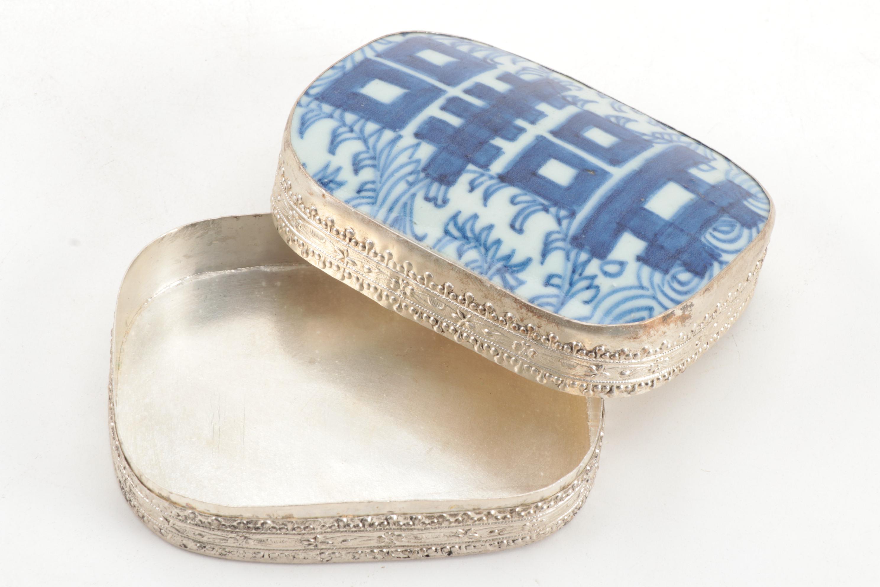 Chinese Double Happiness Porcelain Shard Box and Japanese Enameled Metal Plate