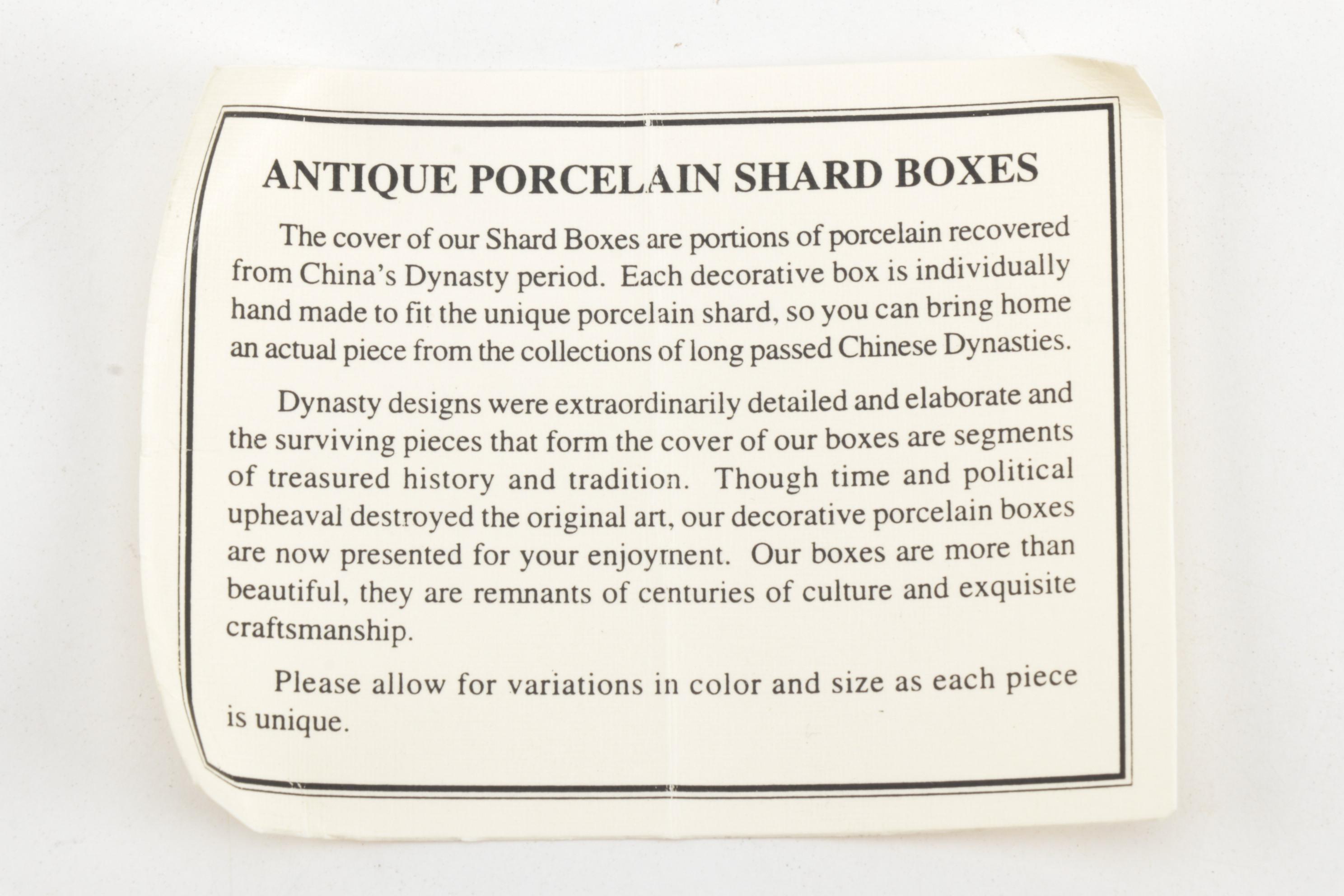 Chinese Double Happiness Porcelain Shard Box and Japanese Enameled Metal Plate