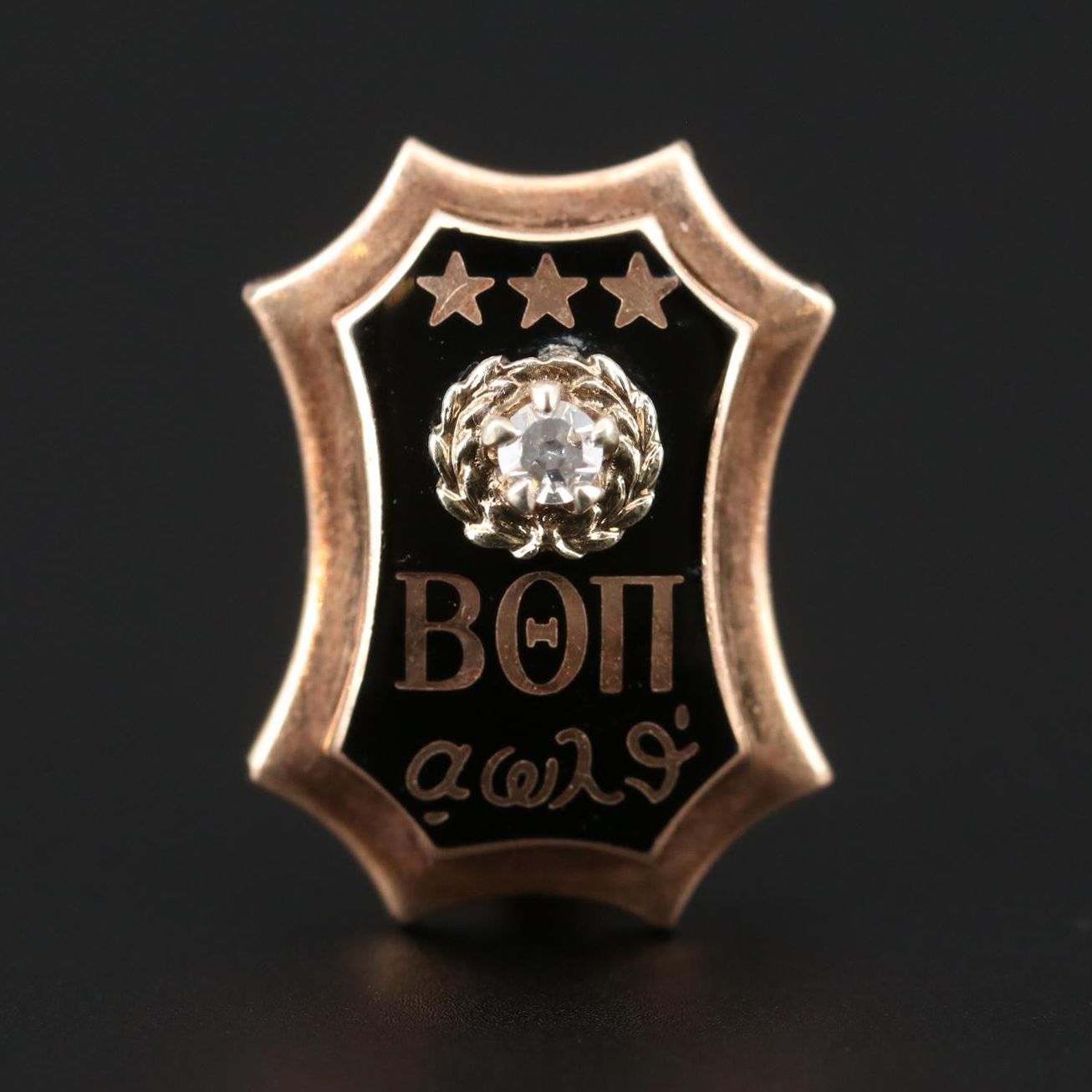 Vintage 10K Yellow Gold Diamond and Enamel Fraternity Pin