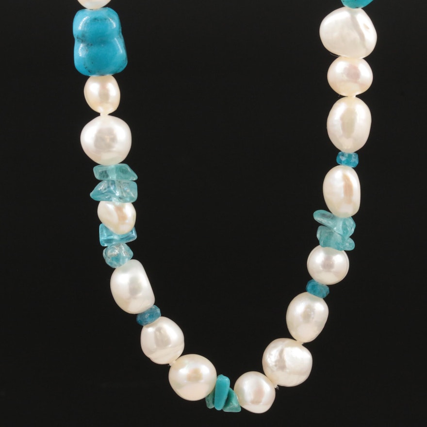 Honora Sterling Silver Cultured Pearl, Apatite and Turquoise Beaded Necklace