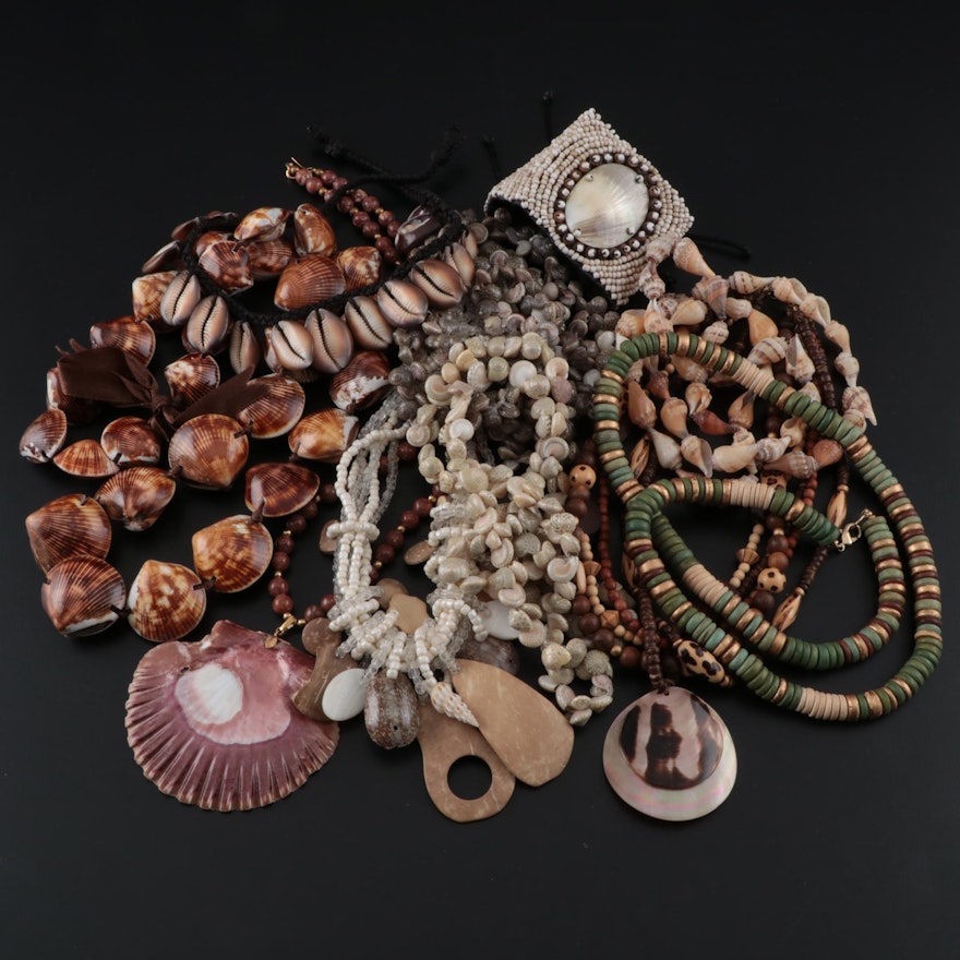 Assorted Shell, Glass and Wood Necklaces and Bracelets