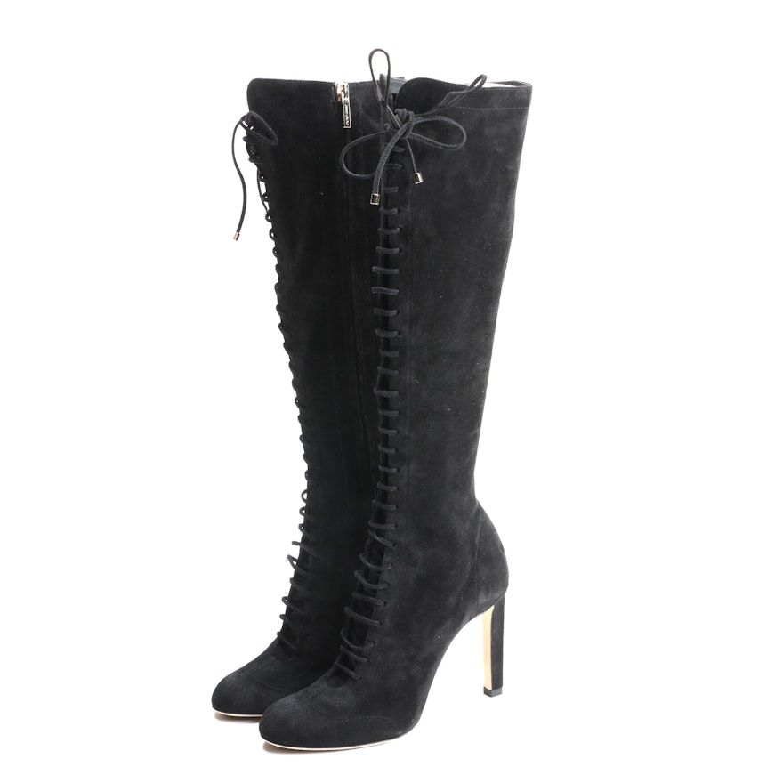 Jimmy Choo Black Suede Knee High Lace-Up Boots with Susan Lucci Signed Dust Bag