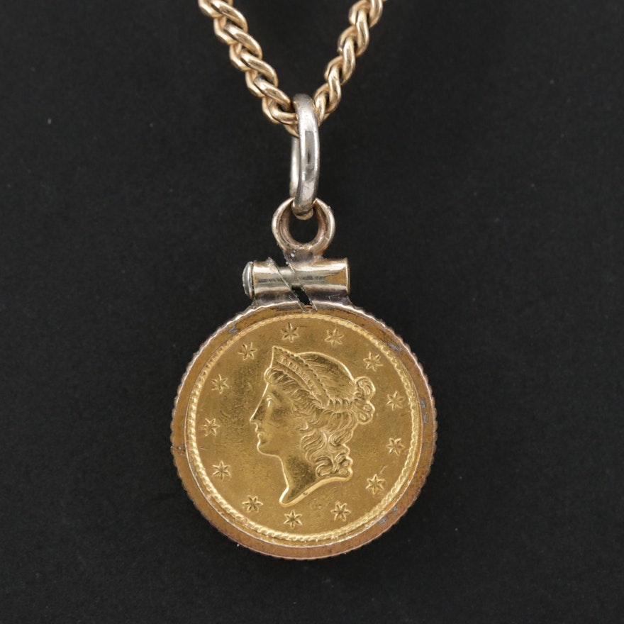 Pendant Necklace with 1853 Liberty Head Gold Dollar Coin