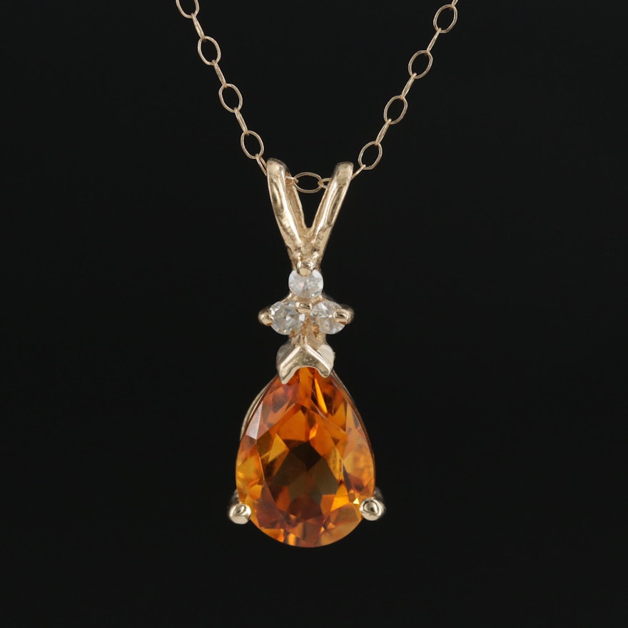 14K Yellow Gold Citrine and Diamond Pendant on 10K Cable Chain Necklace
