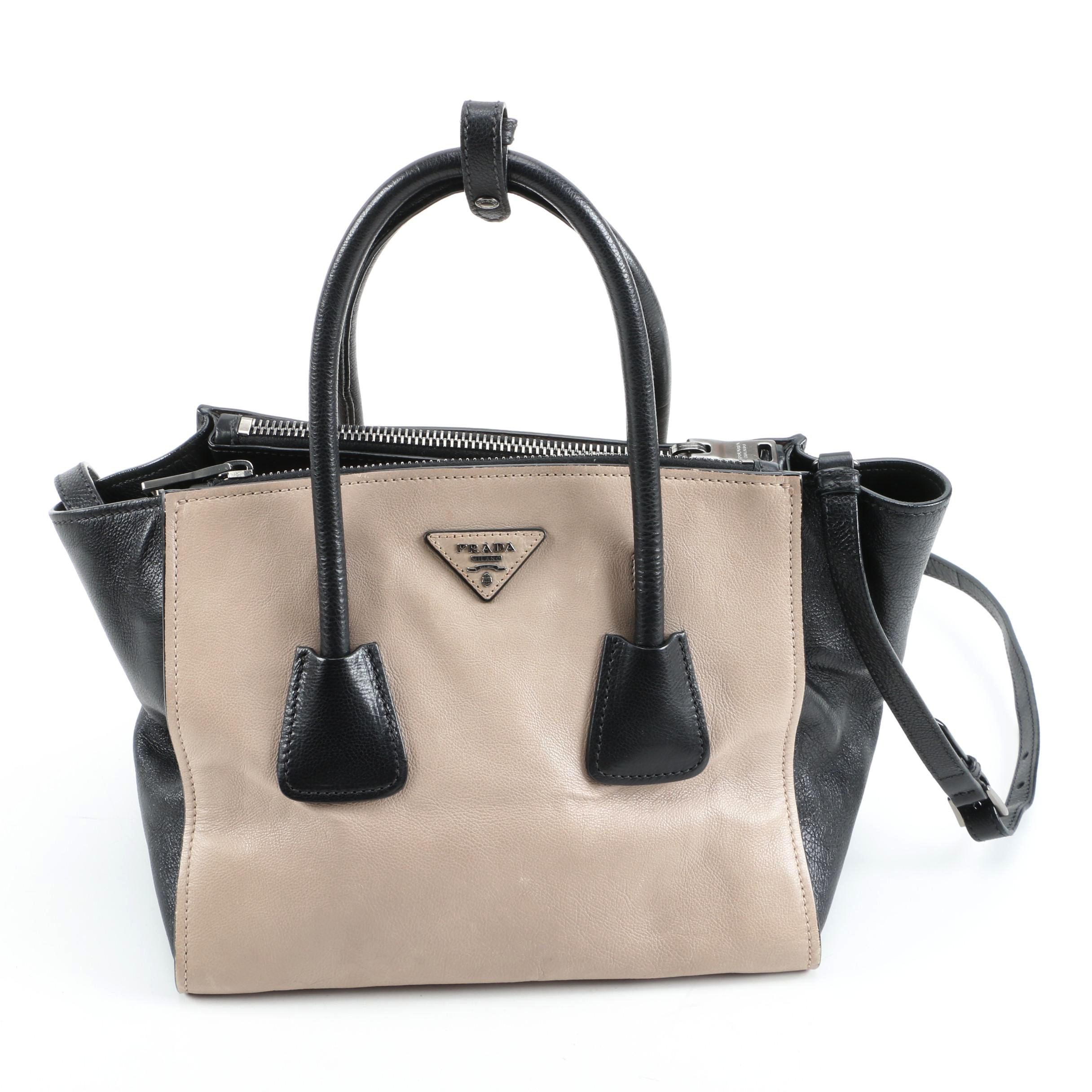 Prada Twin Pocket Tote in Black and Taupe Calfskin Leather
