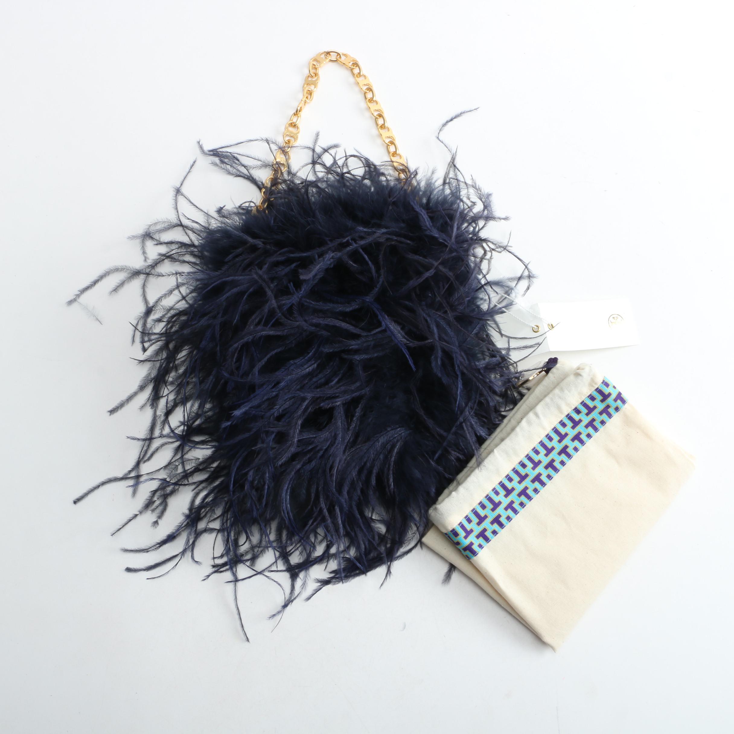 Tory Burch 2017 Collection Navy Ostrich Feather Bag with Gemini Chain Handle