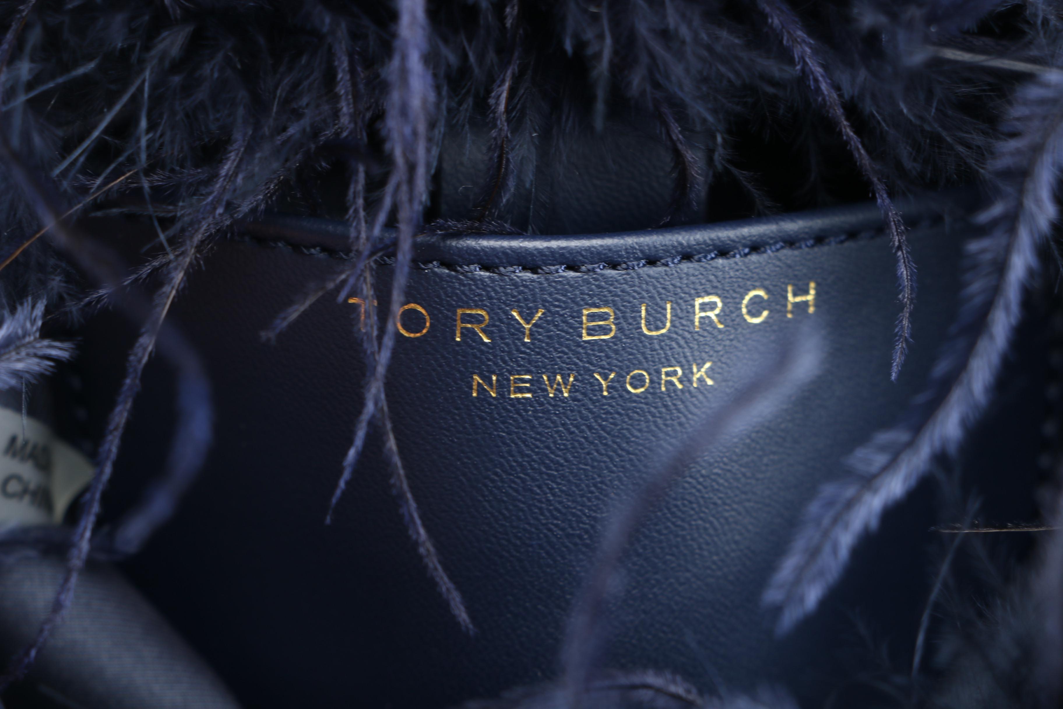 Tory Burch 2017 Collection Navy Ostrich Feather Bag with Gemini Chain Handle