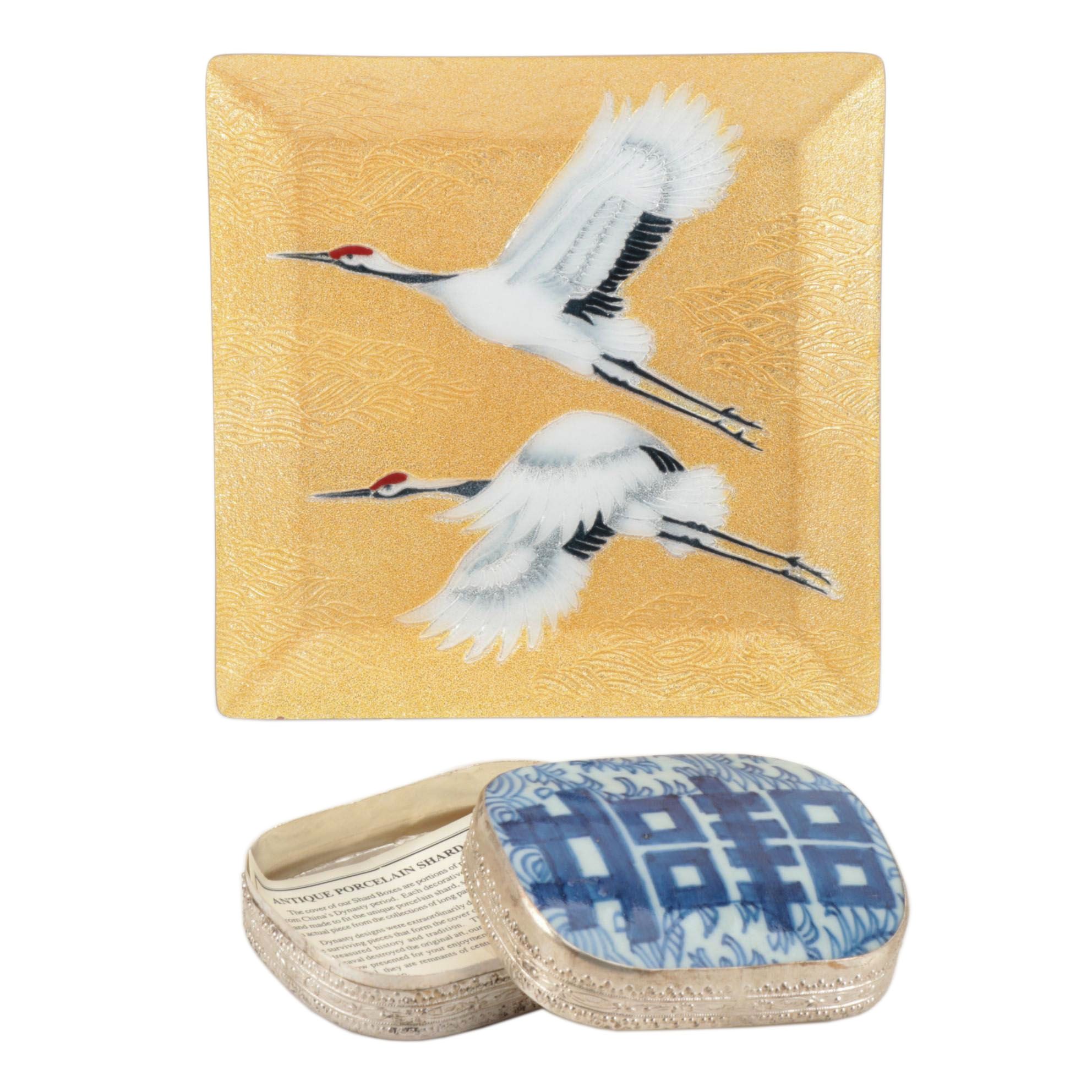 Chinese Double Happiness Porcelain Shard Box and Japanese Enameled Metal Plate