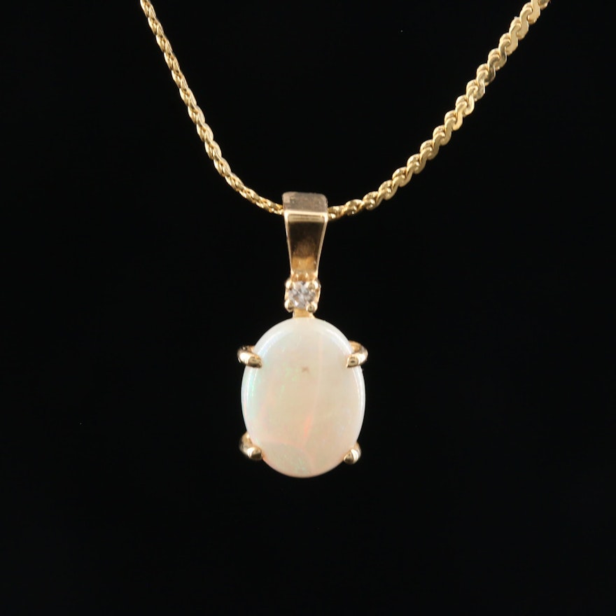 14K Yellow Gold Opal and Diamond Pendant Necklace