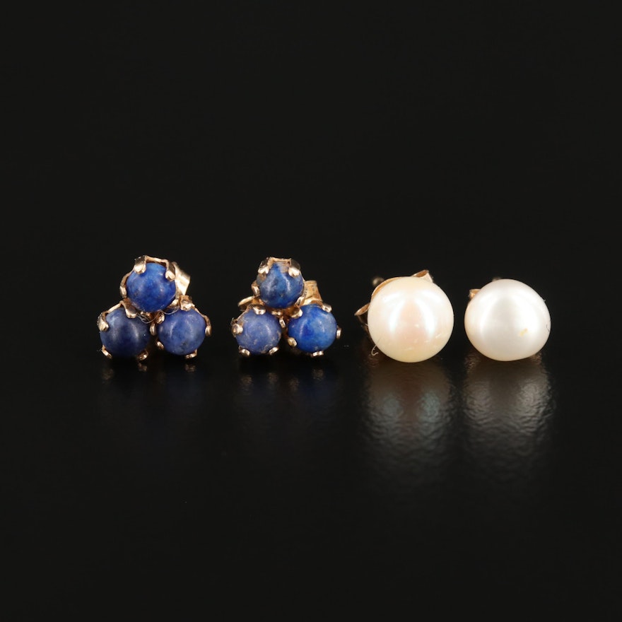 14K Yellow Gold Cultured Pearl and Lapis Lazuli Earrings