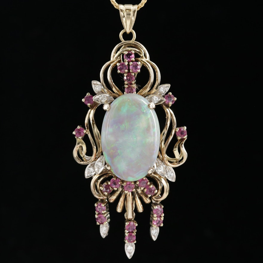 14K Yellow Gold Opal, Ruby and Diamond Pendant on Espiga Chain Necklace