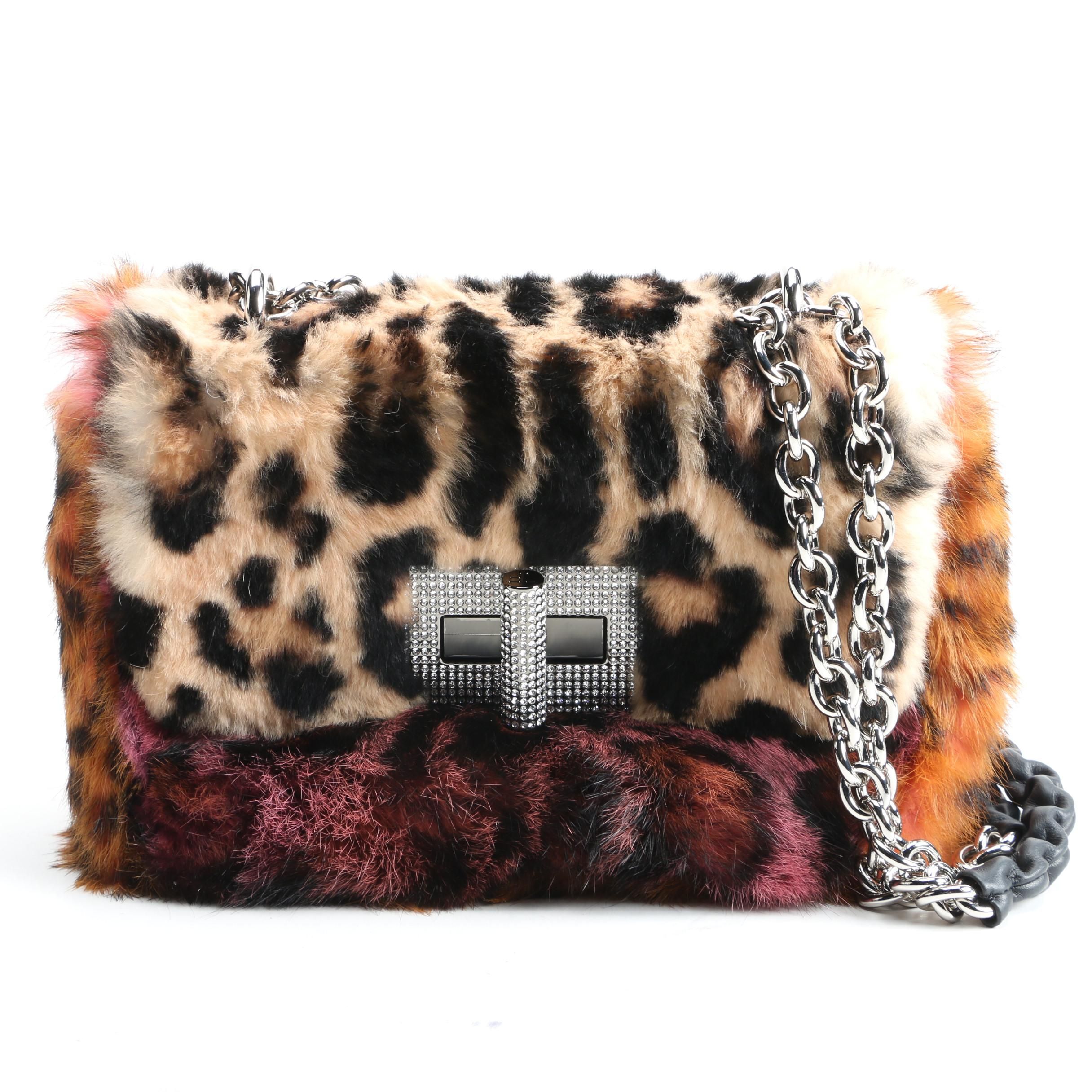 Tom Ford Animal Print Dyed Rabbit Fur Shoulder Bag with Crystal Encrusted Clasp