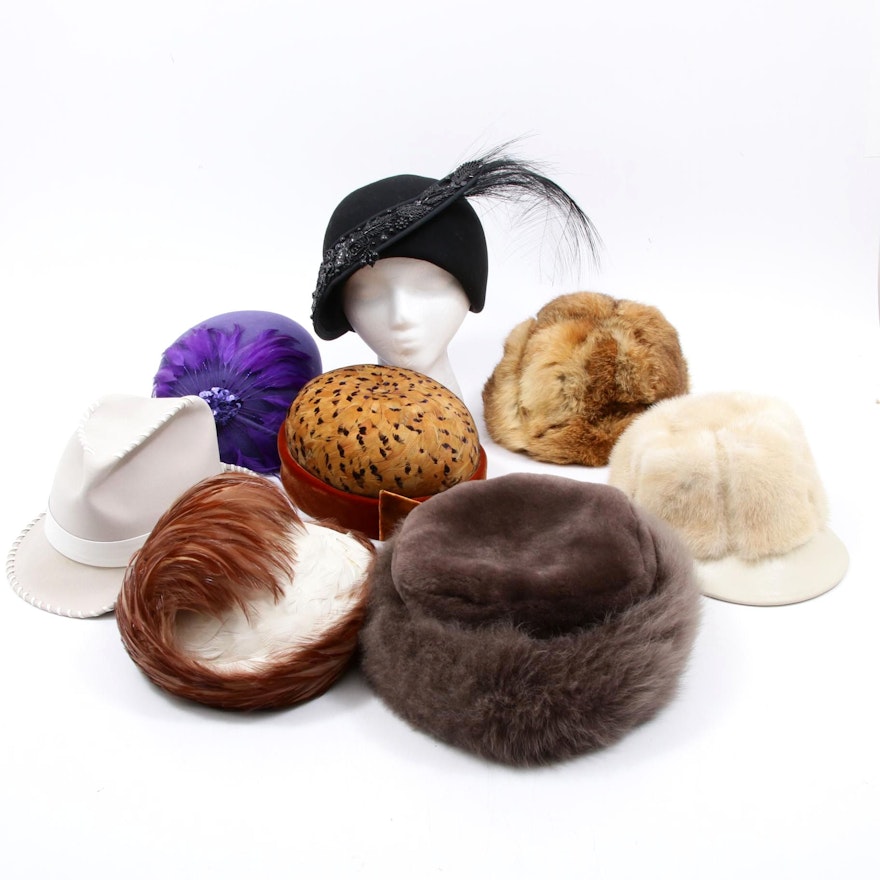 Red Fox and Pastel Mink Fur and Feather Hats and Hat Boxes