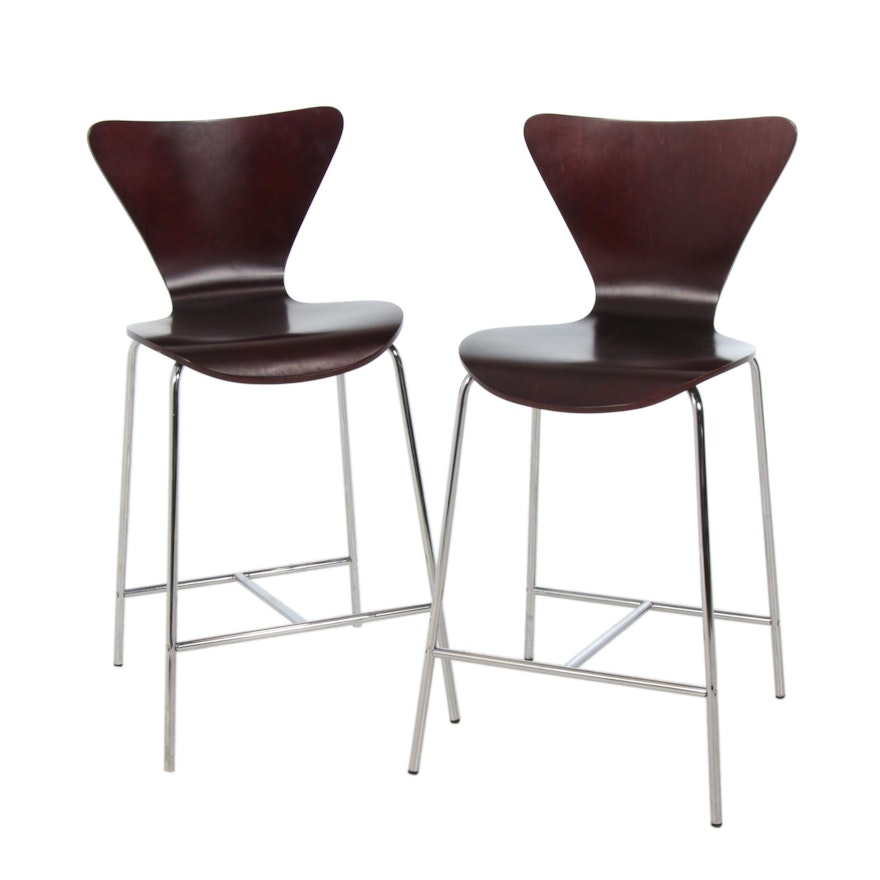 Pair of Modernist Style Chromed Metal and Bentwood Barstools