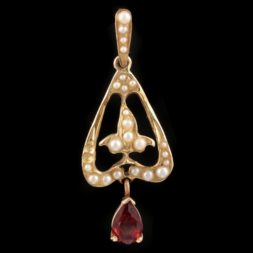Vintage 14K Yellow and Rose Gold Pearl and Garnet Pendant