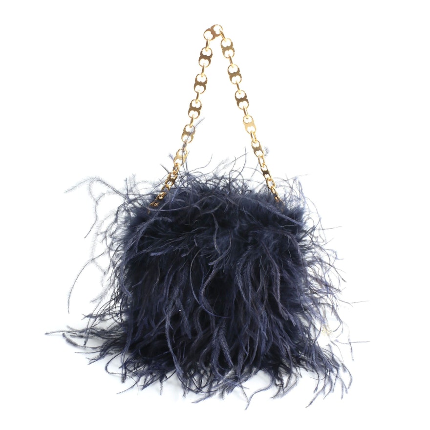 Tory Burch 2017 Collection Navy Ostrich Feather Bag with Gemini Chain Handle