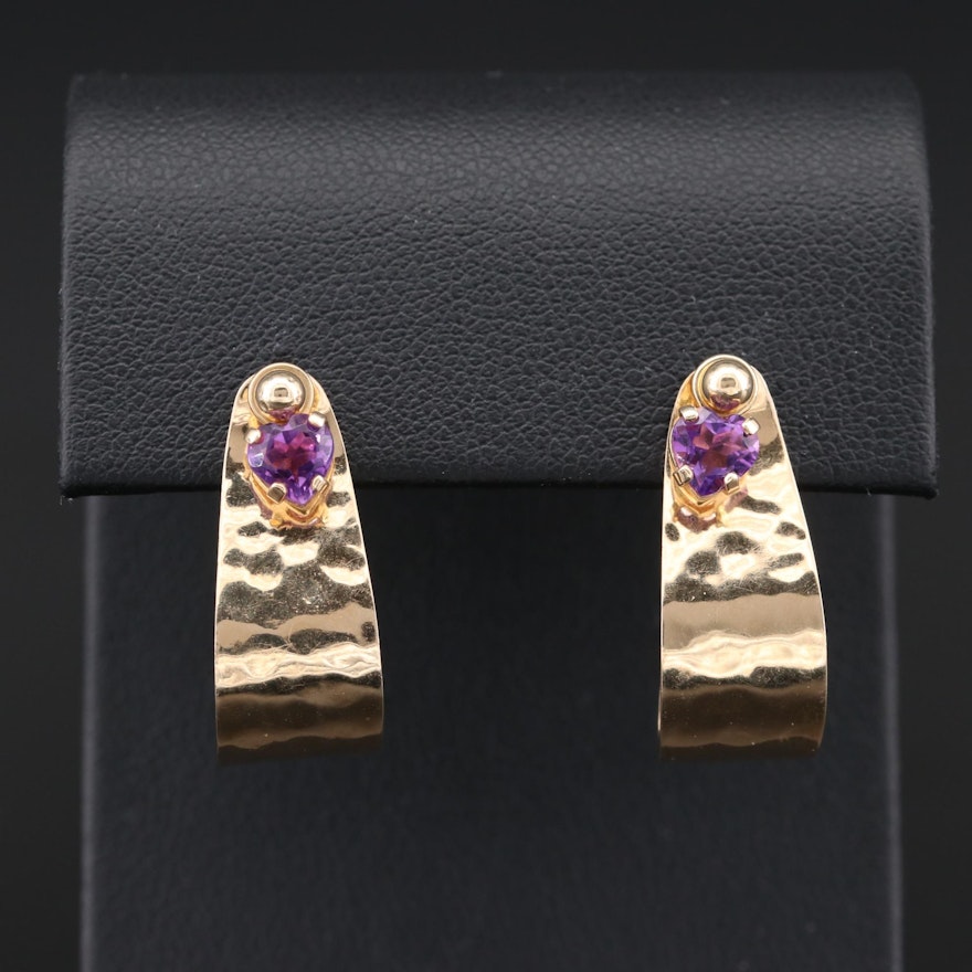 14K Yellow Gold Stud Earrings with Amethyst and Hammered Enhancers