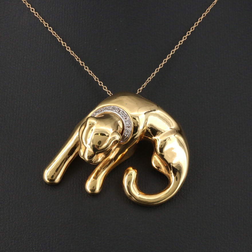 14K Yellow Gold Diamond Electroform Panther Pendant Necklace