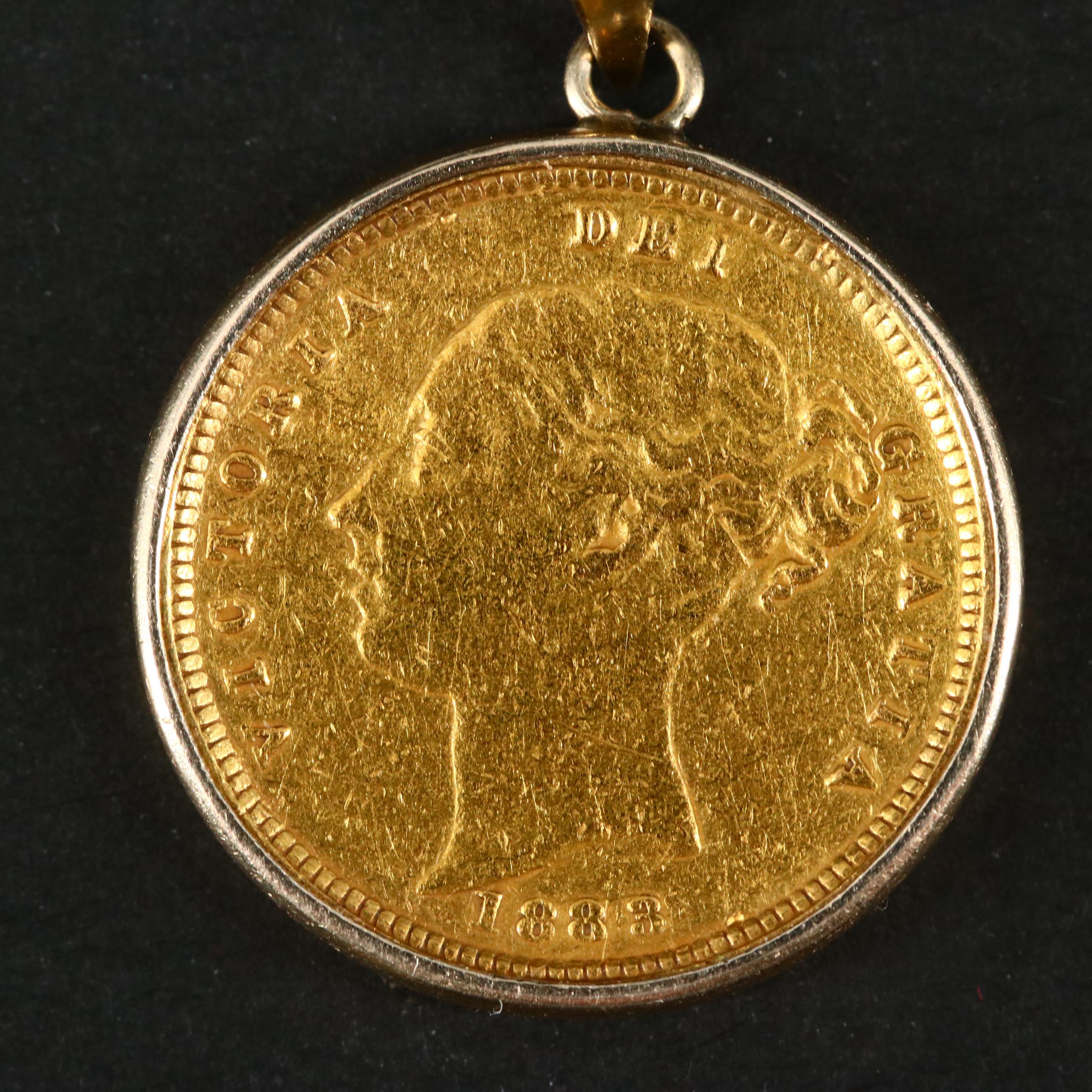 1883 British Gold Half Sovereign Set In a 14K Gold Coin Bezel
