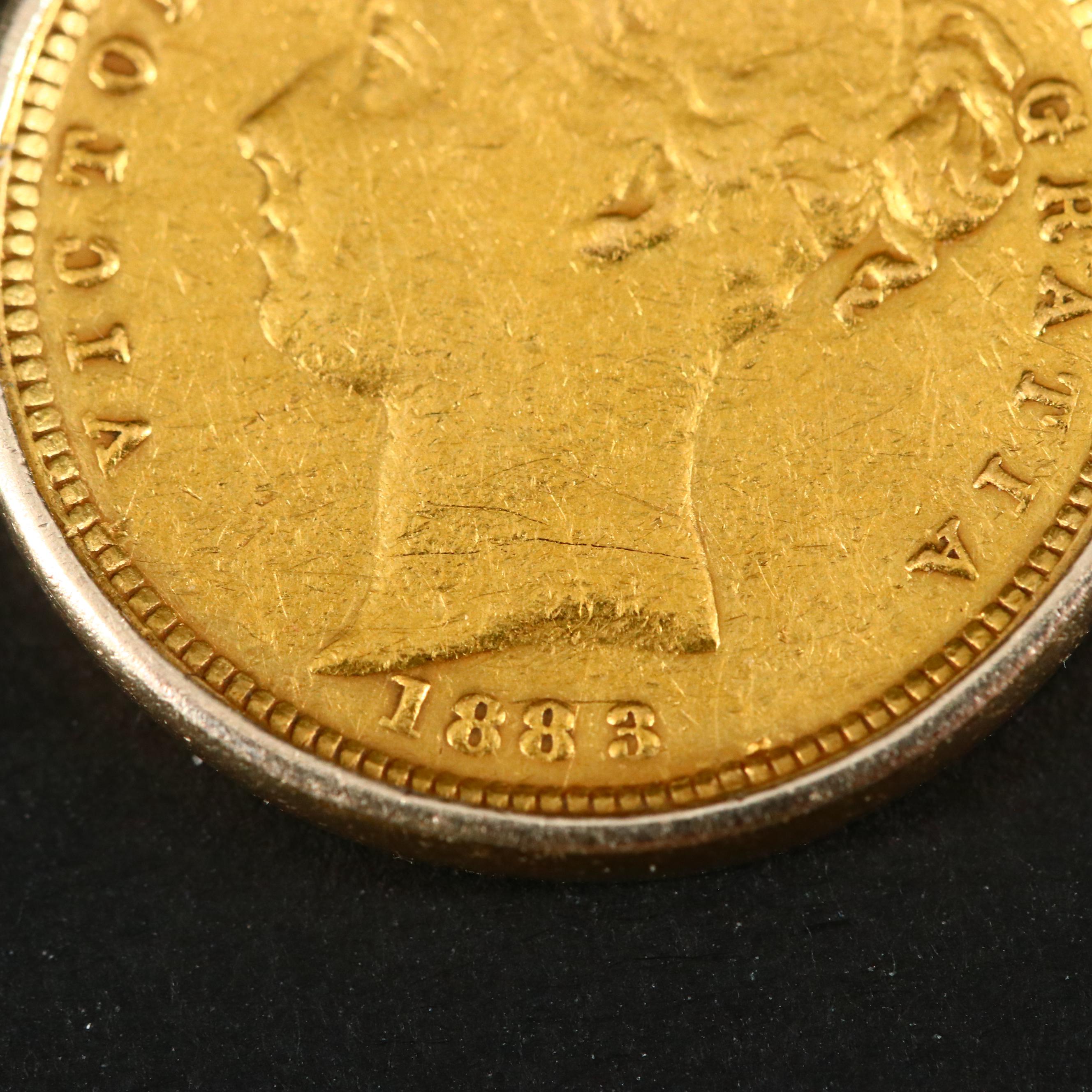 1883 British Gold Half Sovereign Set In a 14K Gold Coin Bezel