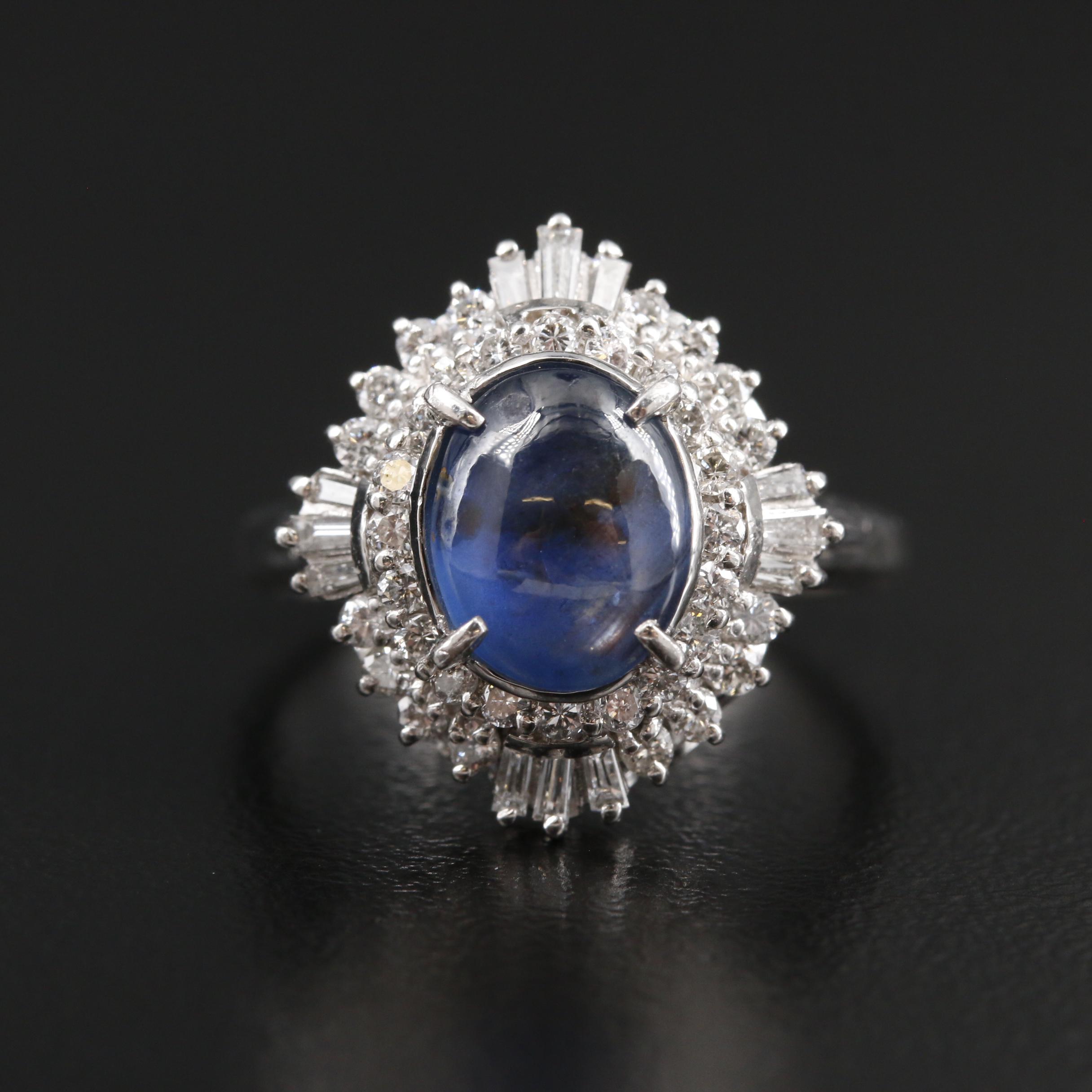 Platinum Star Sapphire and Diamond Double Halo Ring