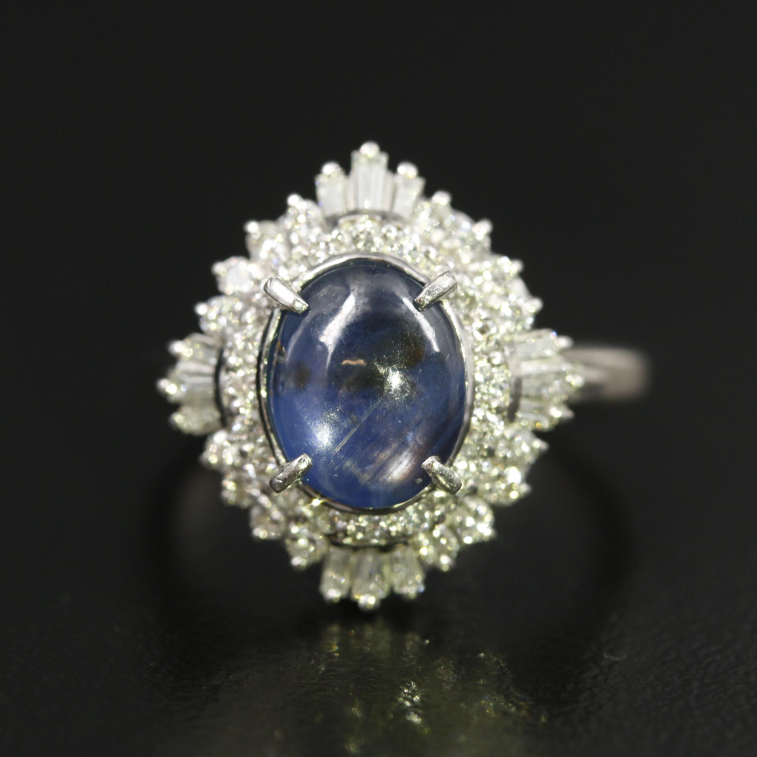 Platinum Star Sapphire and Diamond Double Halo Ring