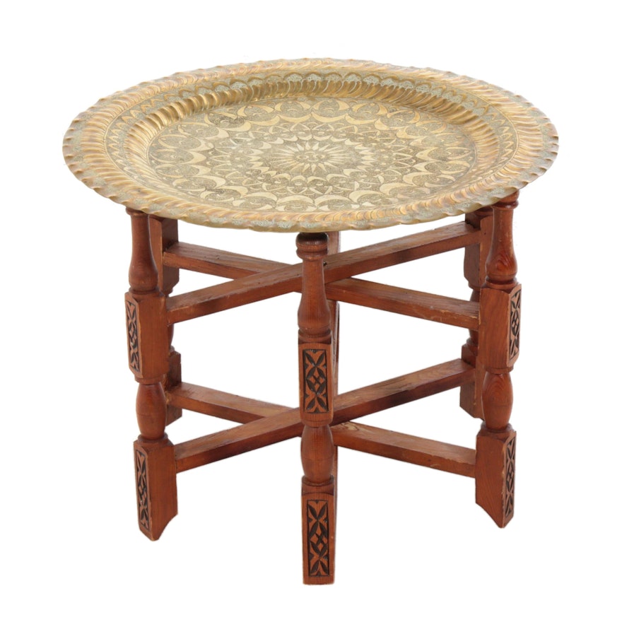 Moroccan Folding Wooden Tea Table with Engraved Brass Tray