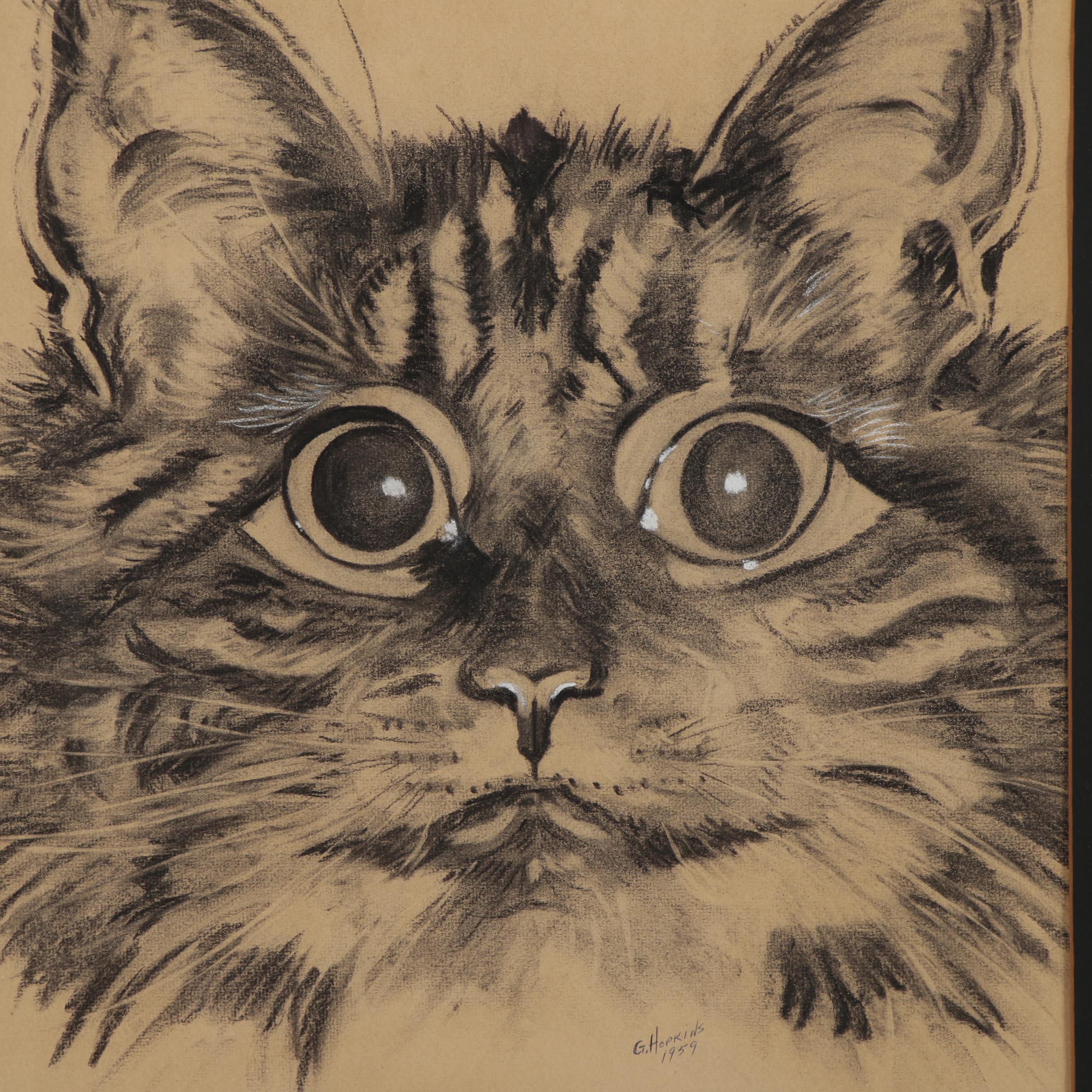 Charcoal Portrait Drawing of Cat, Mid 20th Century
