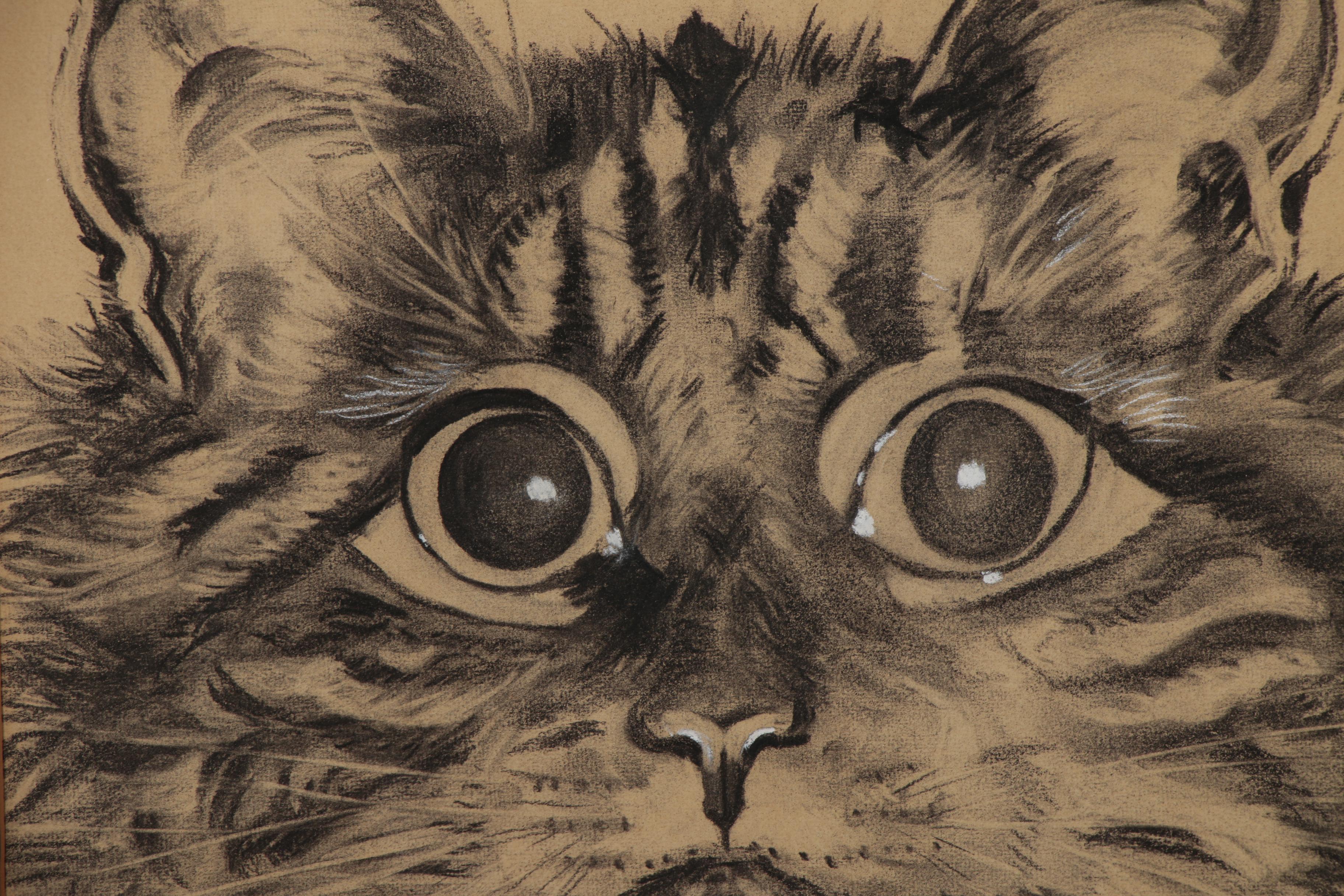 Charcoal Portrait Drawing of Cat, Mid 20th Century