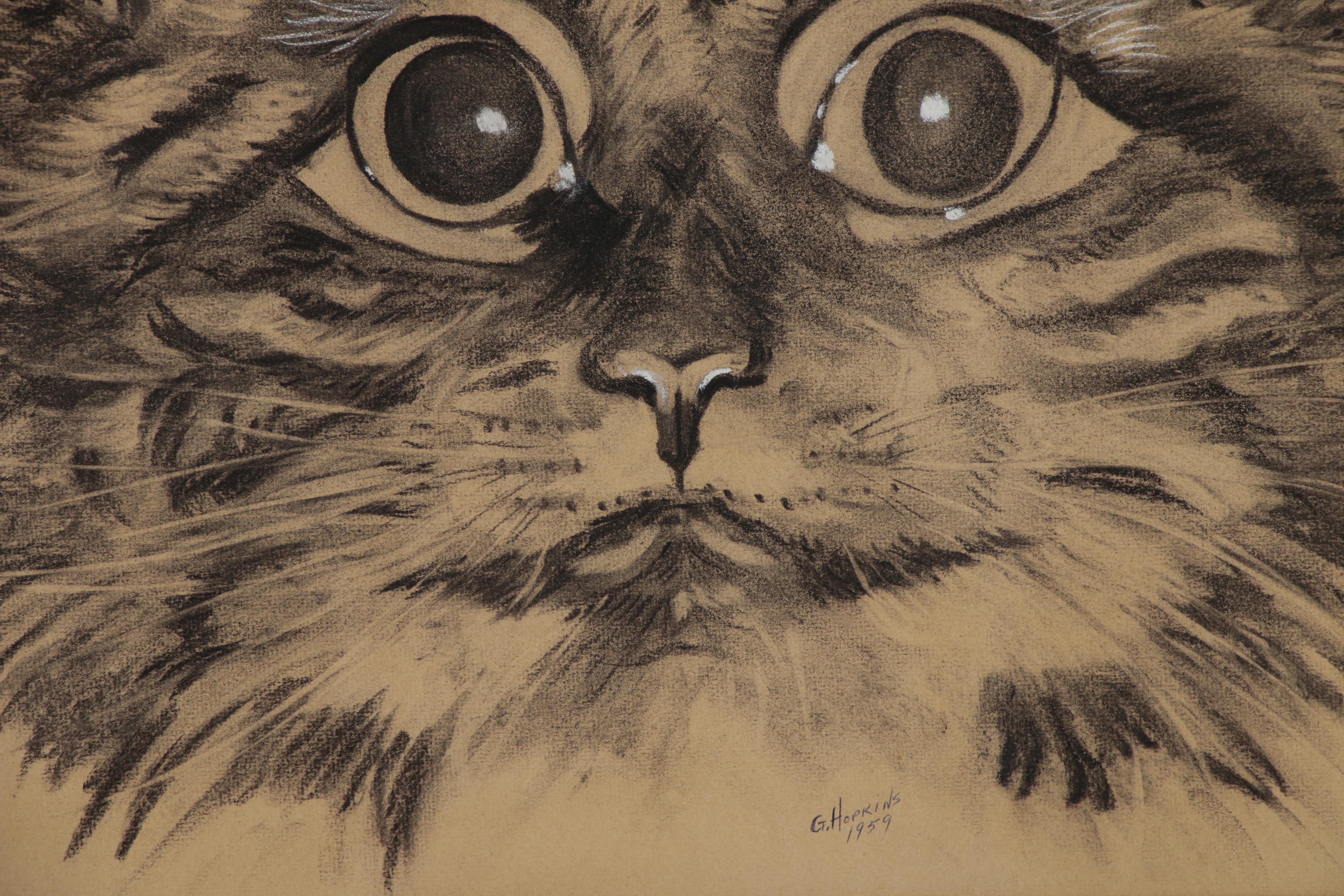 Charcoal Portrait Drawing of Cat, Mid 20th Century