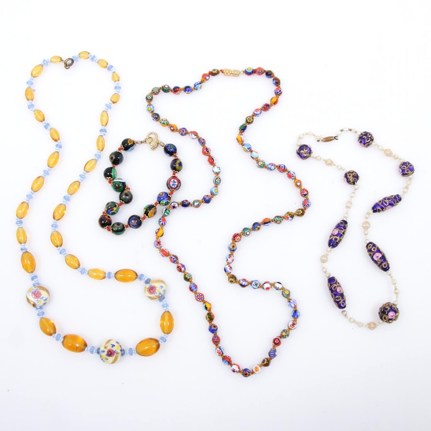 Vintage Handcrafted Glass Necklaces and Bracelet Featuring Murano Beads