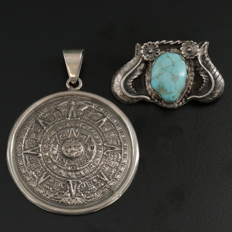 Mexican and Southwestern Sterling Silver Turquoise and Aztec Calendar Pendants