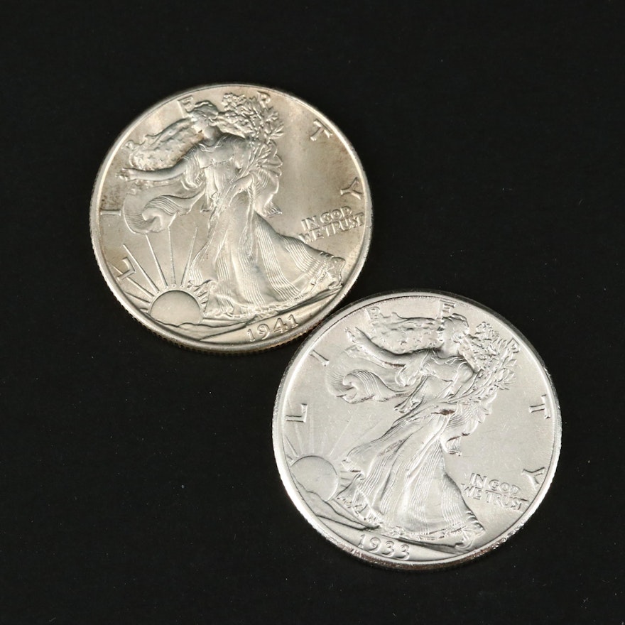 Two Walking Liberty Silver Half Dollars Including a 1933-S and 1941