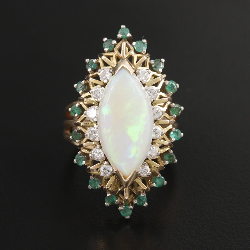 Vintage 14K Yellow Gold Opal, Diamond and Emerald Navette Ring